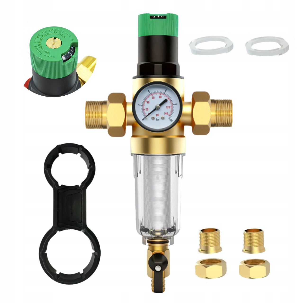 Reduktor Ciśnienia Wody 1 Cala 3/4 Manometr Filtr Długi Z Zaworem