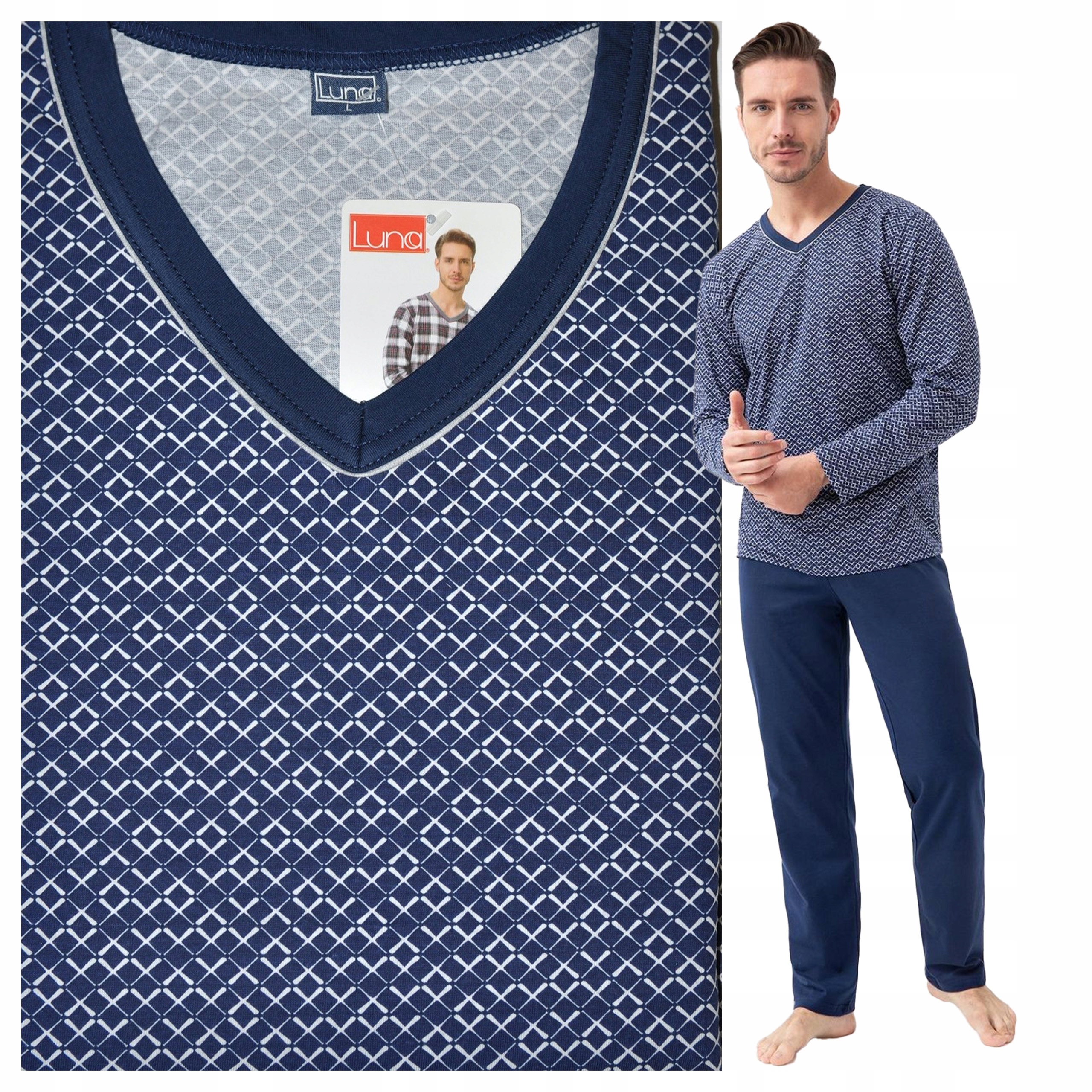 Vzorované dlouhé pánské pyžamo Velikost 100% Bavlna Luna 795 Námořnická Modrá 3XL
