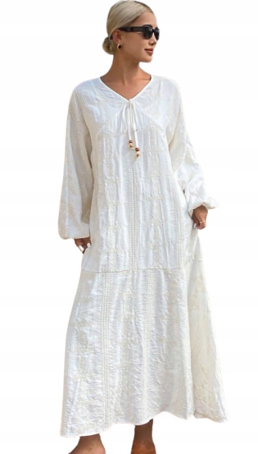 Dazy Ecru Šaty MIDI Se Zavazováním A Dlouhým Rukávem S 1HA