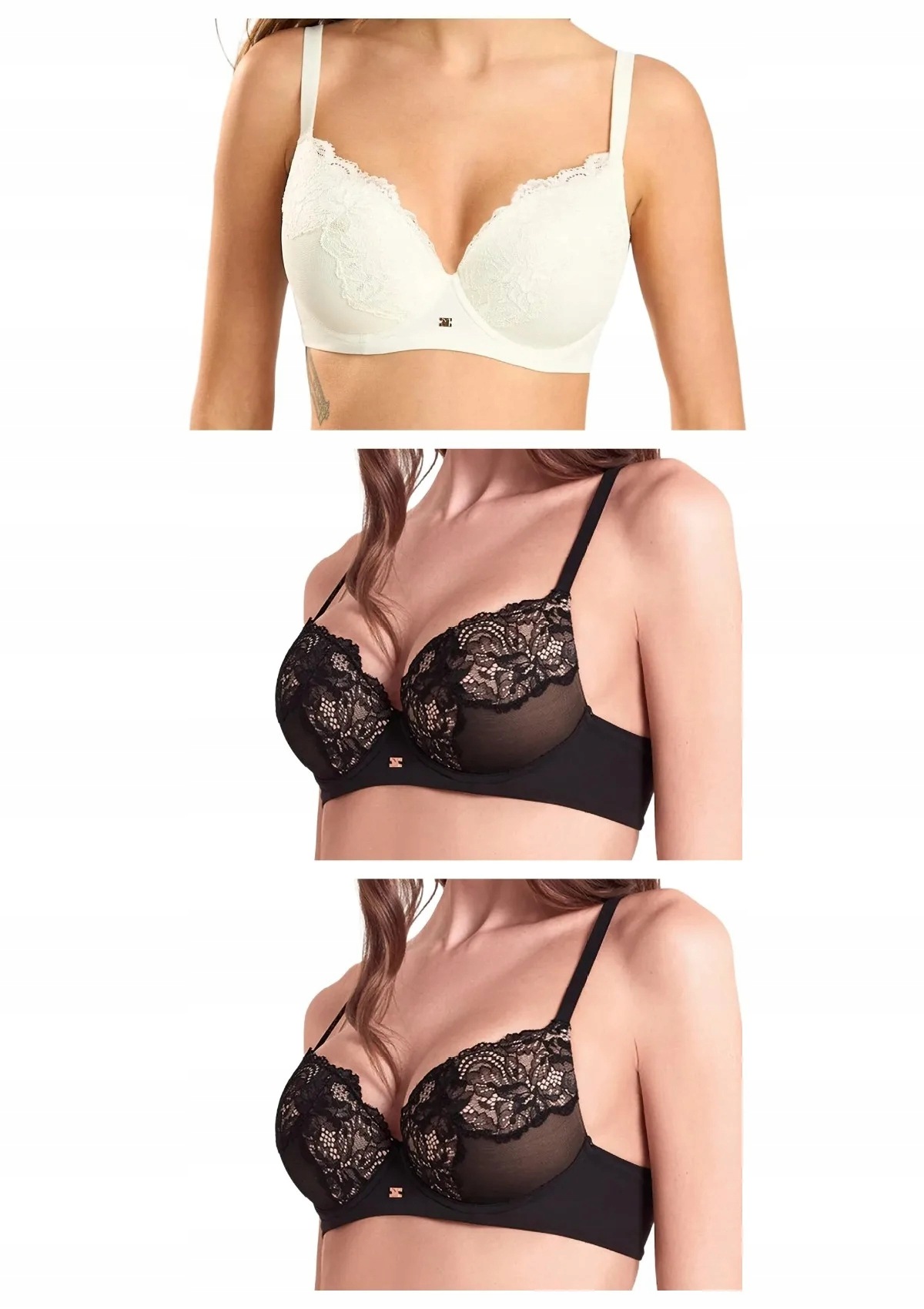 Lormar Saten 1900 podprsenka plunge push-up 3 ks 2x černá ecru 85D
