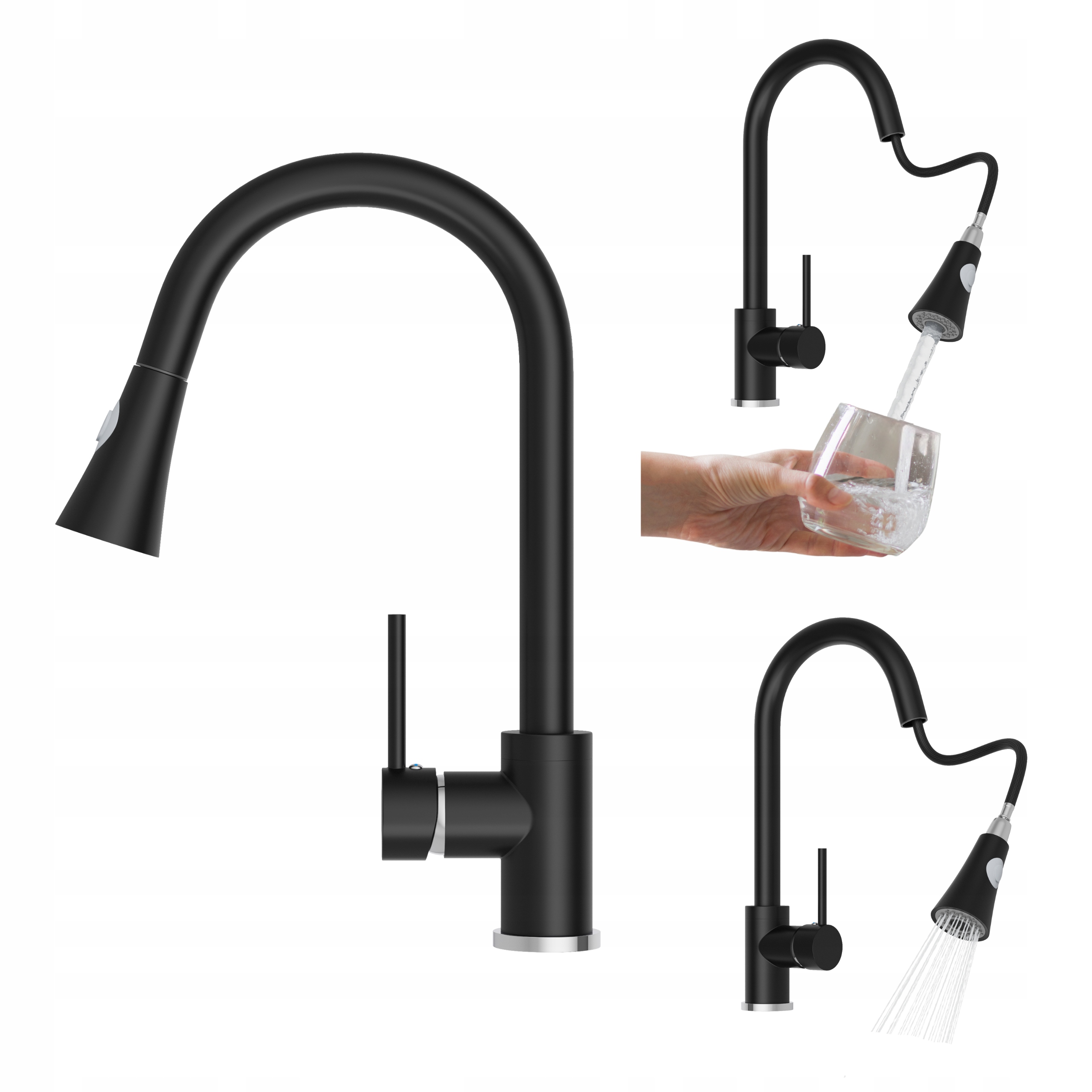 Kuchynská batéria s vyberateľným výtokom čierna Snake Kuchynský Kohútik stojaci