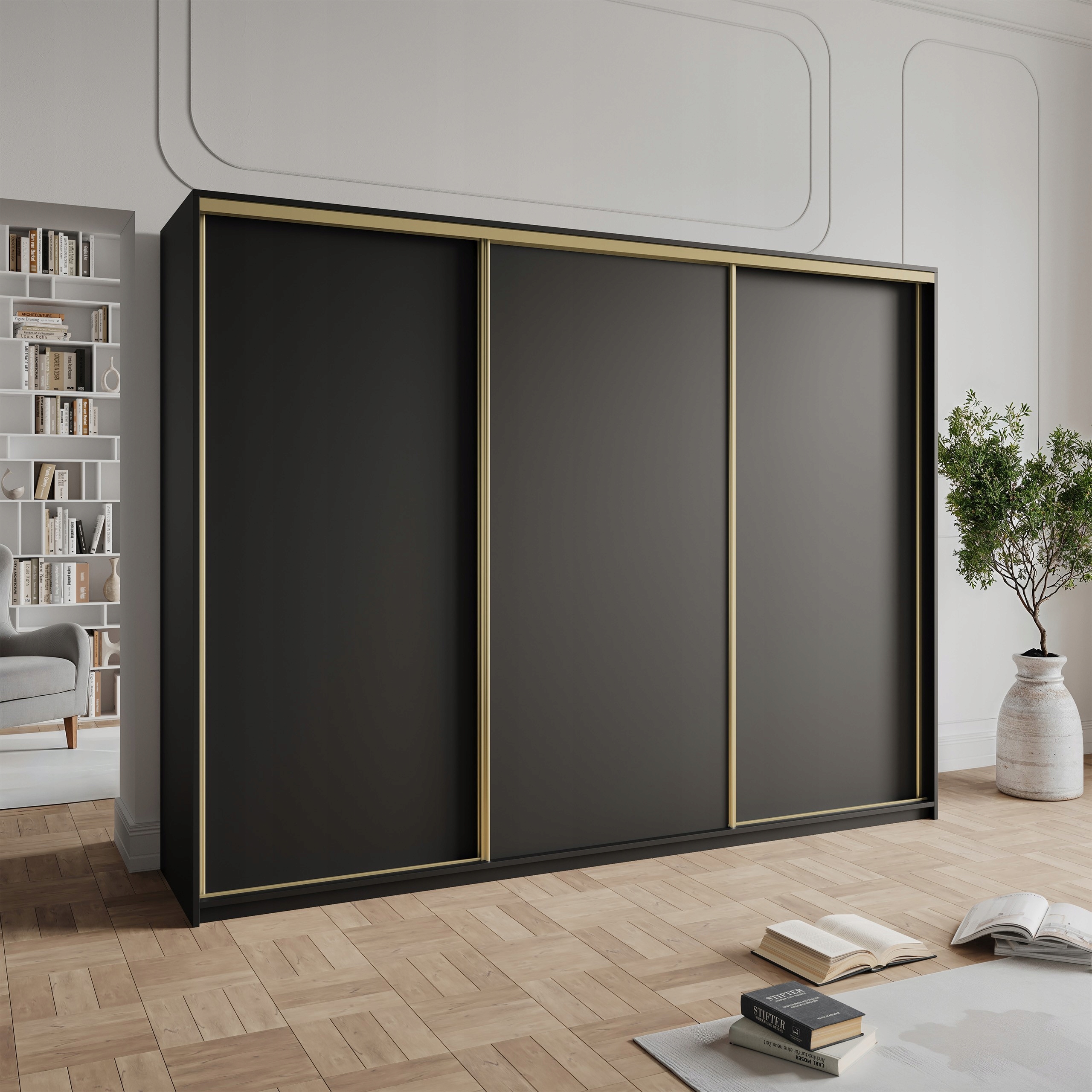 Skříň 250 cm se zásuvkami, třídveřová, černá zlatá