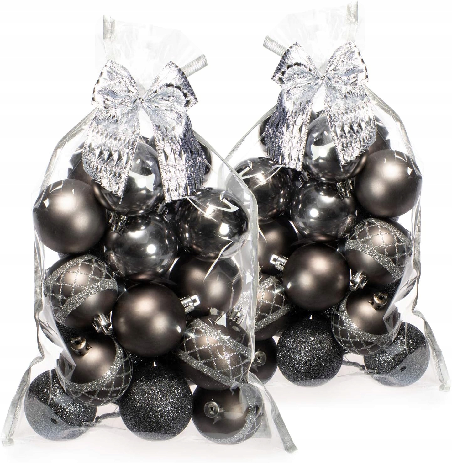 40 ks vánočních vánoční baňky na stromeček Ø6 cm – šedé, matné/lesklé/s glitry, nerozbitné