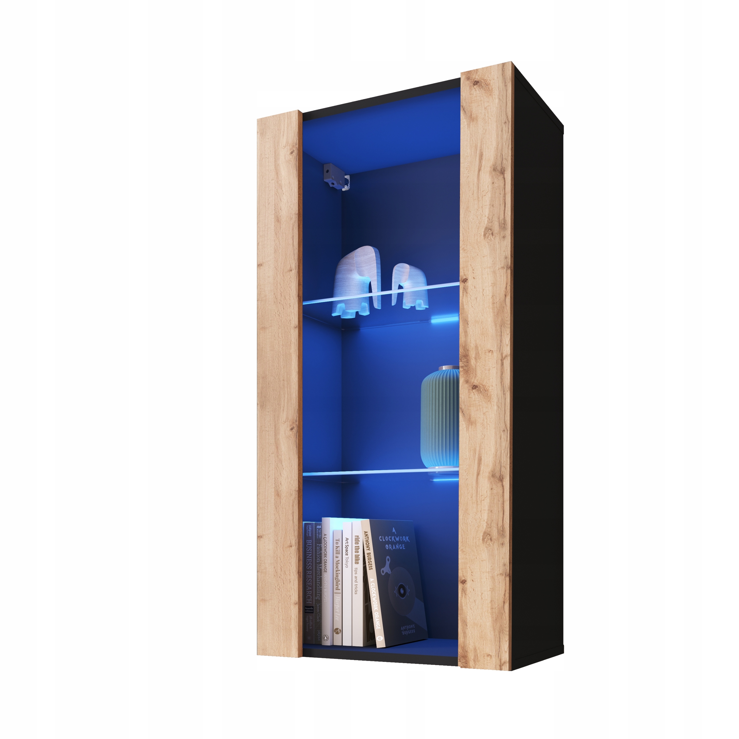 komodee Tivoli Závesná vitrína Vertical 100 Čierny dub Wotan Modrá Led