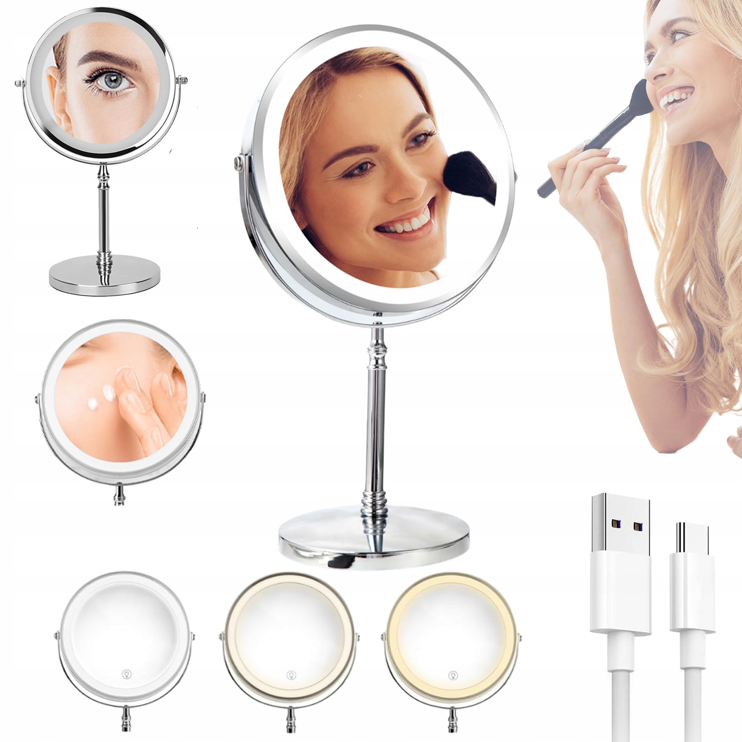 Kosmetické zrcátko pro líčení s Led podsvícením, otočné, zvětšení 5x