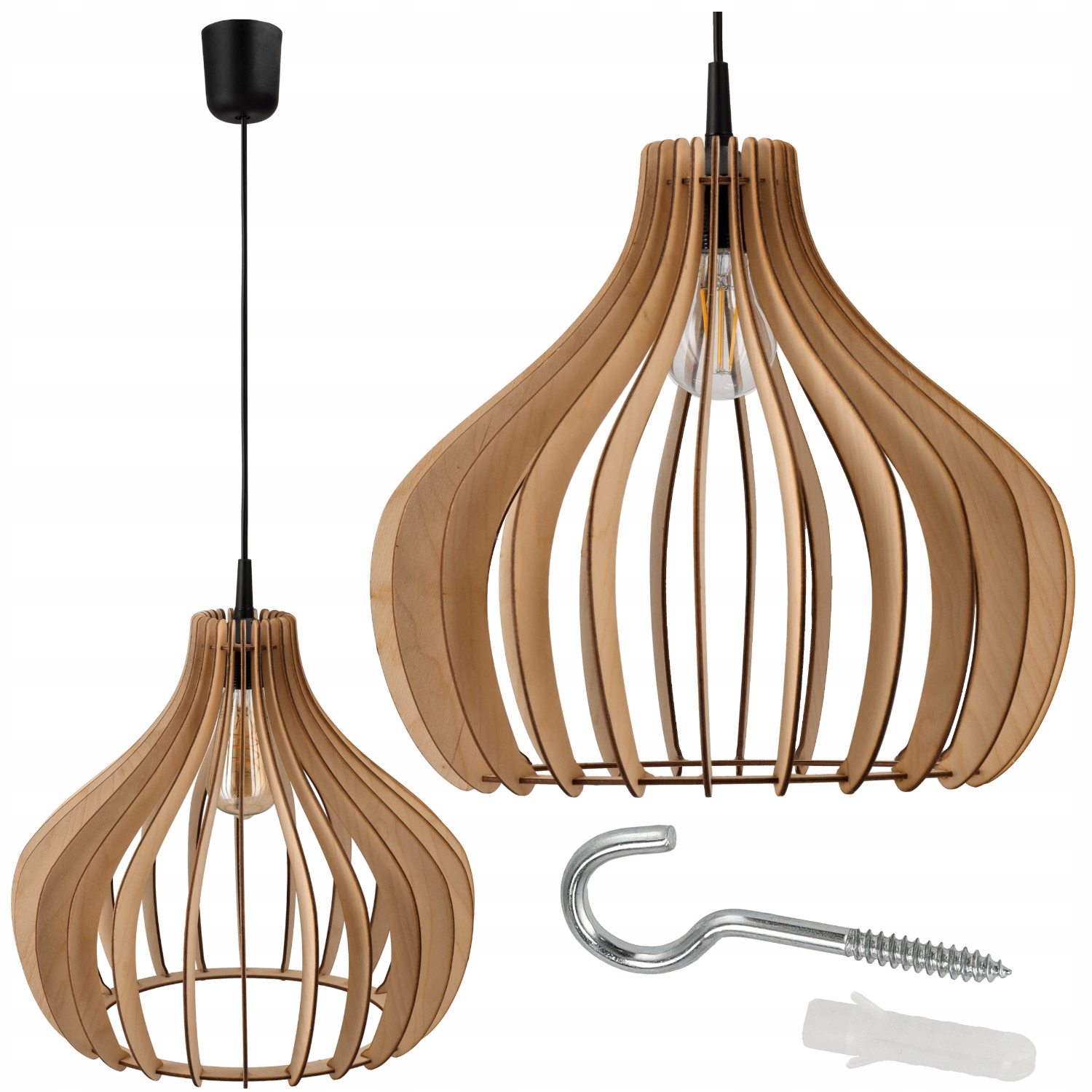 Lampa Wisząca Sufitowa Żyrandol Led E27 Regulowana 0-100cm Drewniany Klosz