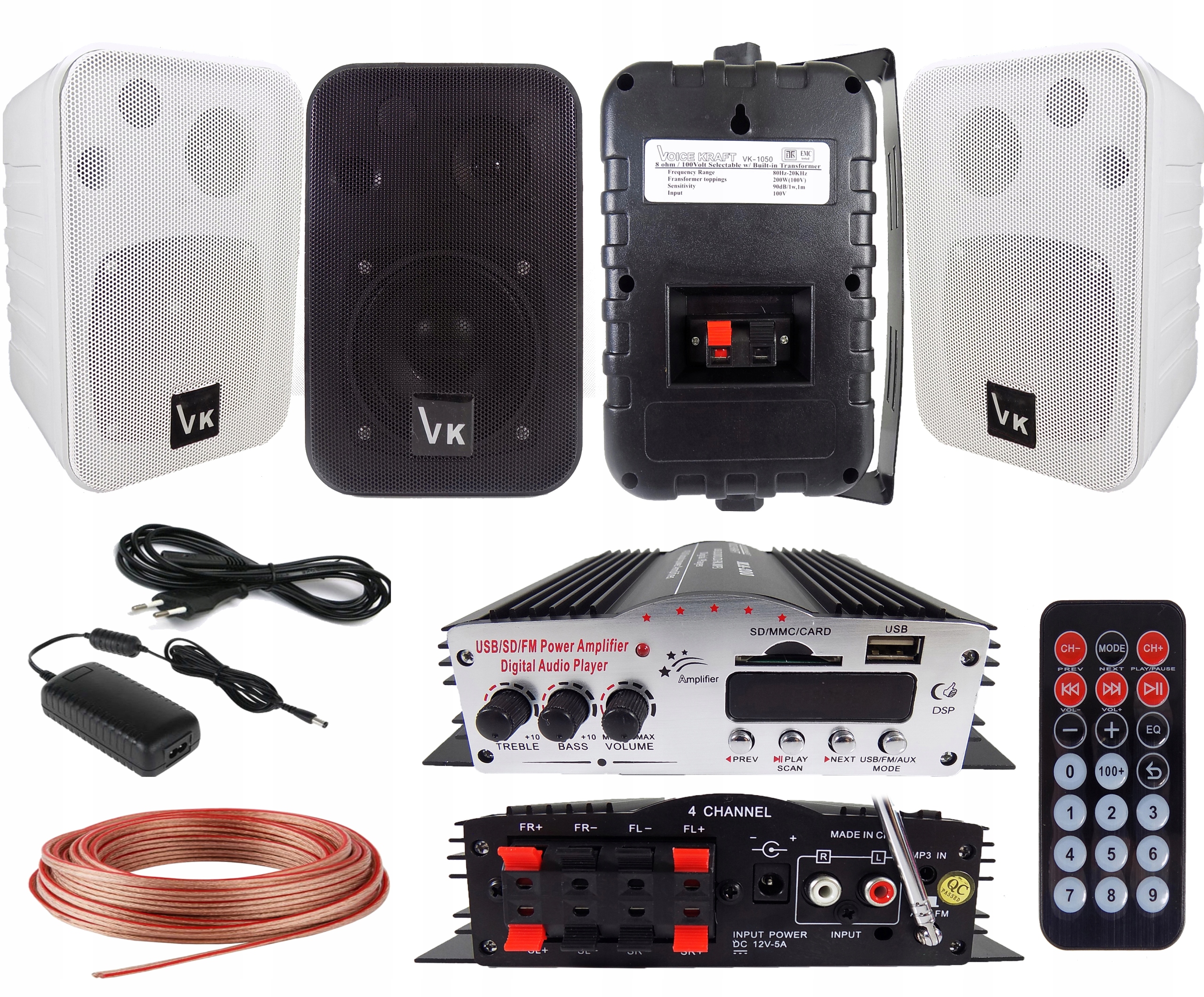 4 KOLUMNY NAŚCIENNE PODWIESZANE SUFITOWE + WZMACNIACZ MP3 USB RADIO AUX