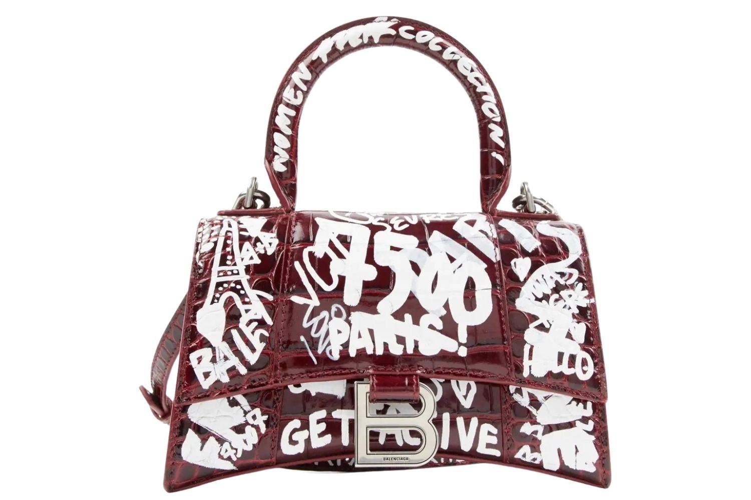 Dámská kabelka Balenciaga Hourglass Graffit vínová malá