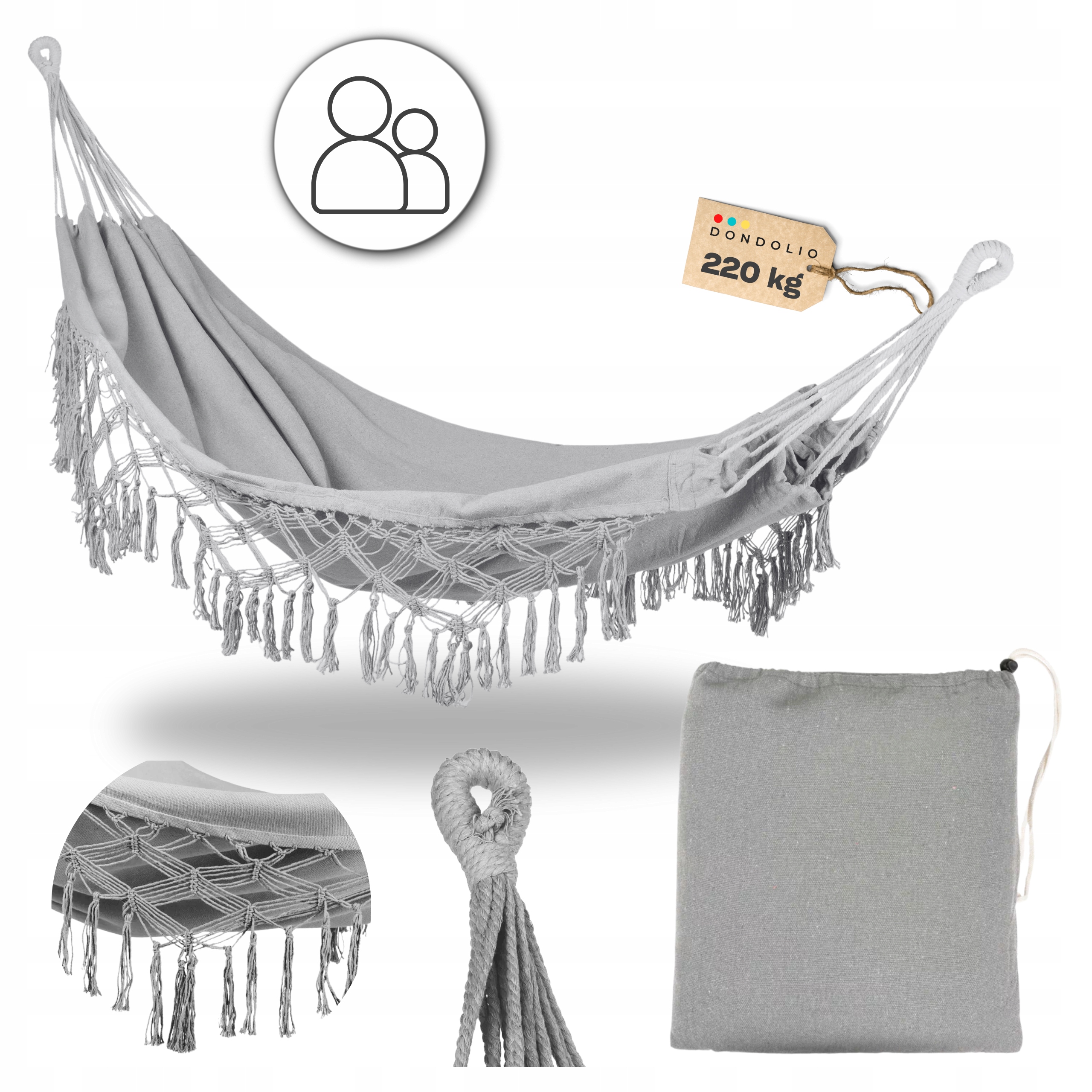 Hamak Duży Dwuosobowy Ogrodowy Boho Szary Pokrowiec Wytrzymały Donodlio