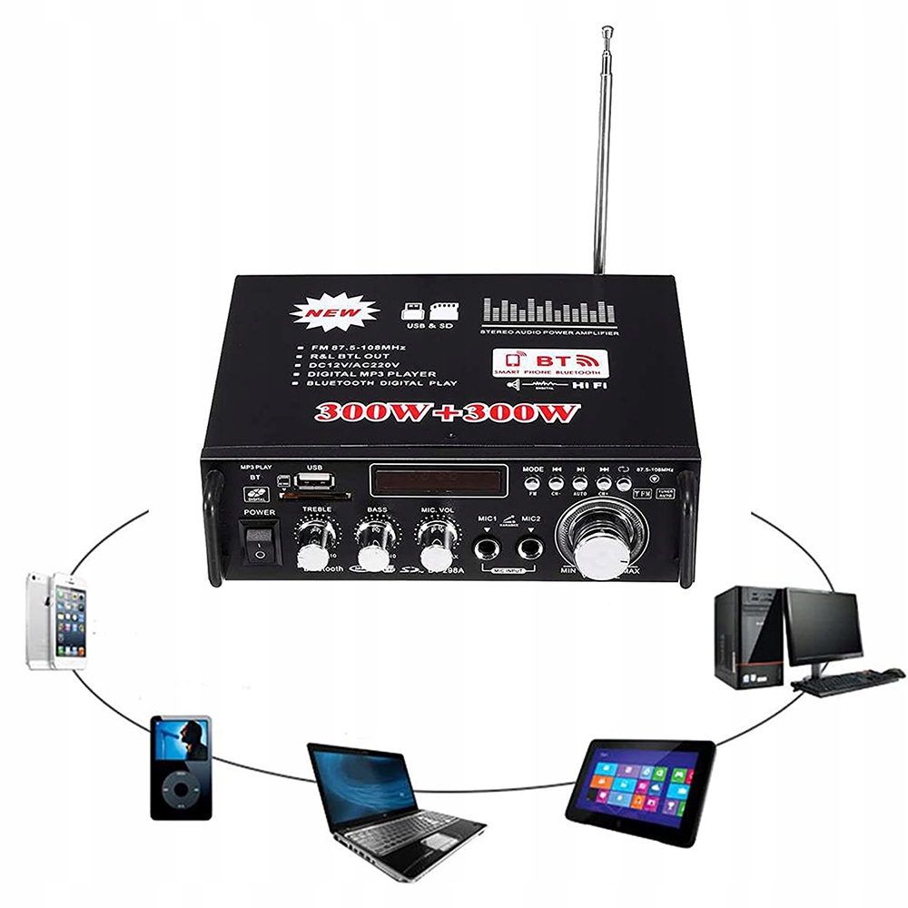 AMPLITUNER WZMACNIACZ HIFI STEREO BLUETOOTH RADIO CYFROWY WZMACNIACZ MOCY Kolor czarny