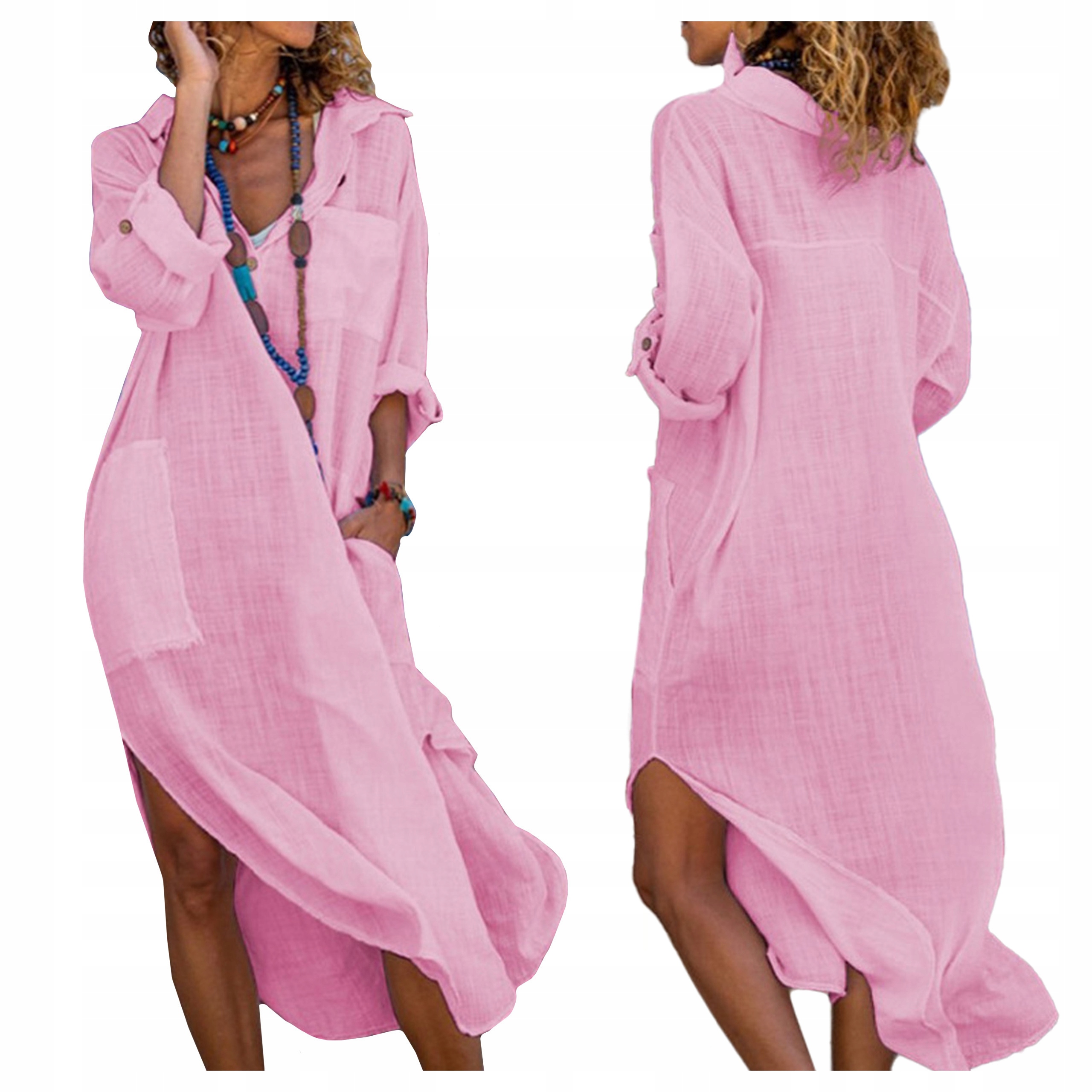 Sukienka letnia Pareo różowa długa Koszula plażowa Boho tunika na plażę L