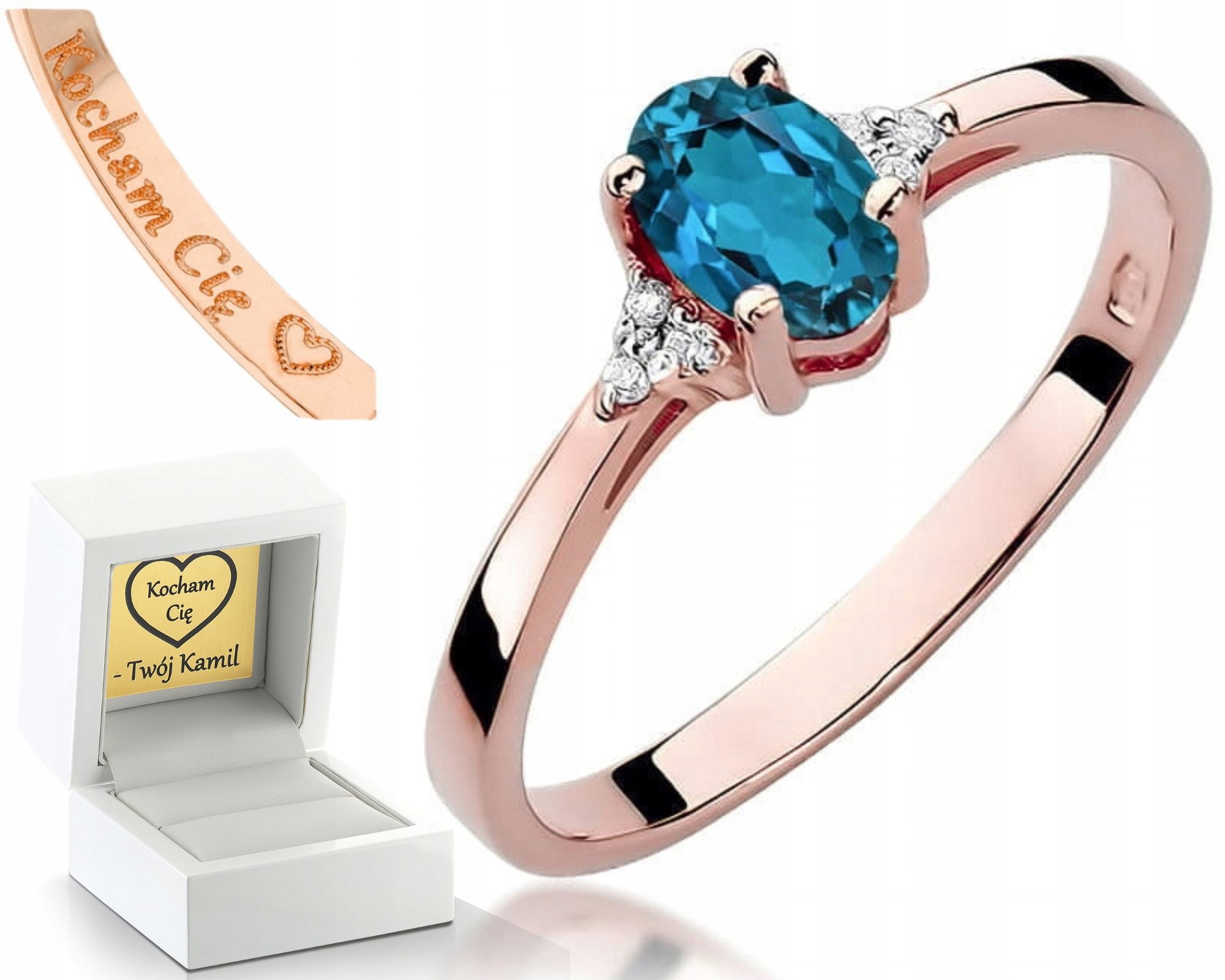 Prstýnek Kámen Topaz London Blue Růžové Zlato Gravírování 585