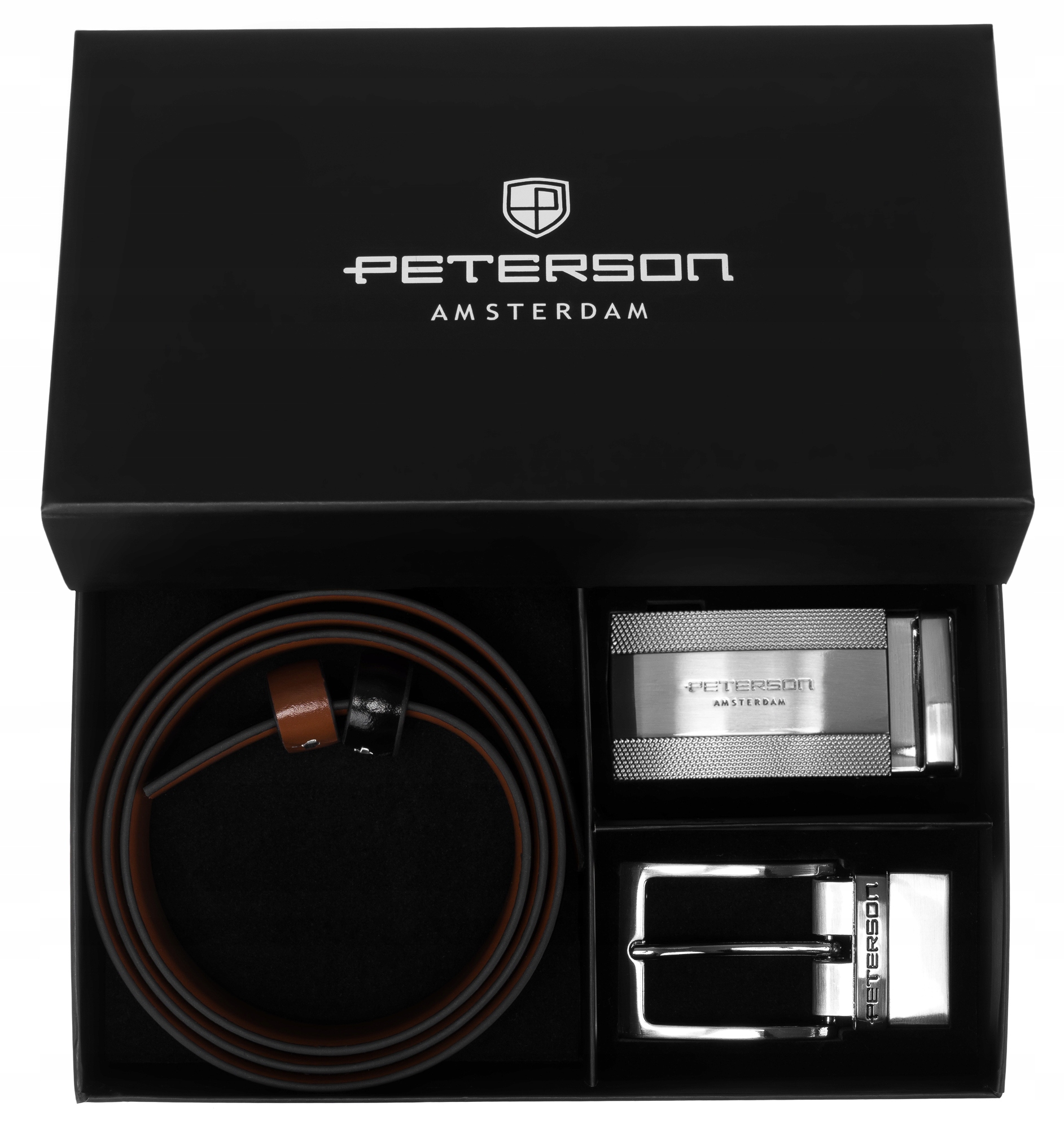 Kožený opasek Peterson pás ke kalhotám, oboustranný set 2 spony
