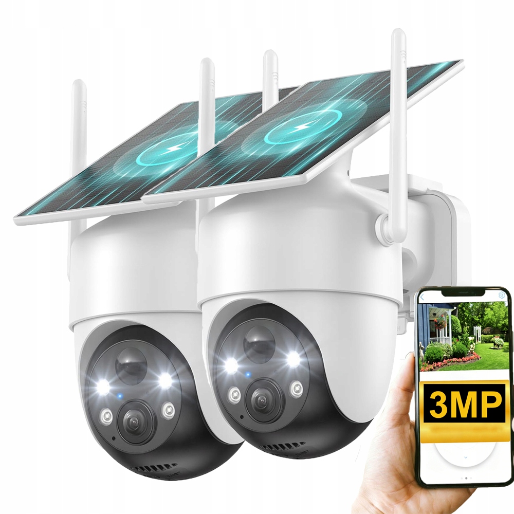 2 kusy 3MP solární otočná venkovní kamera Kamera pro noční vidění barevná