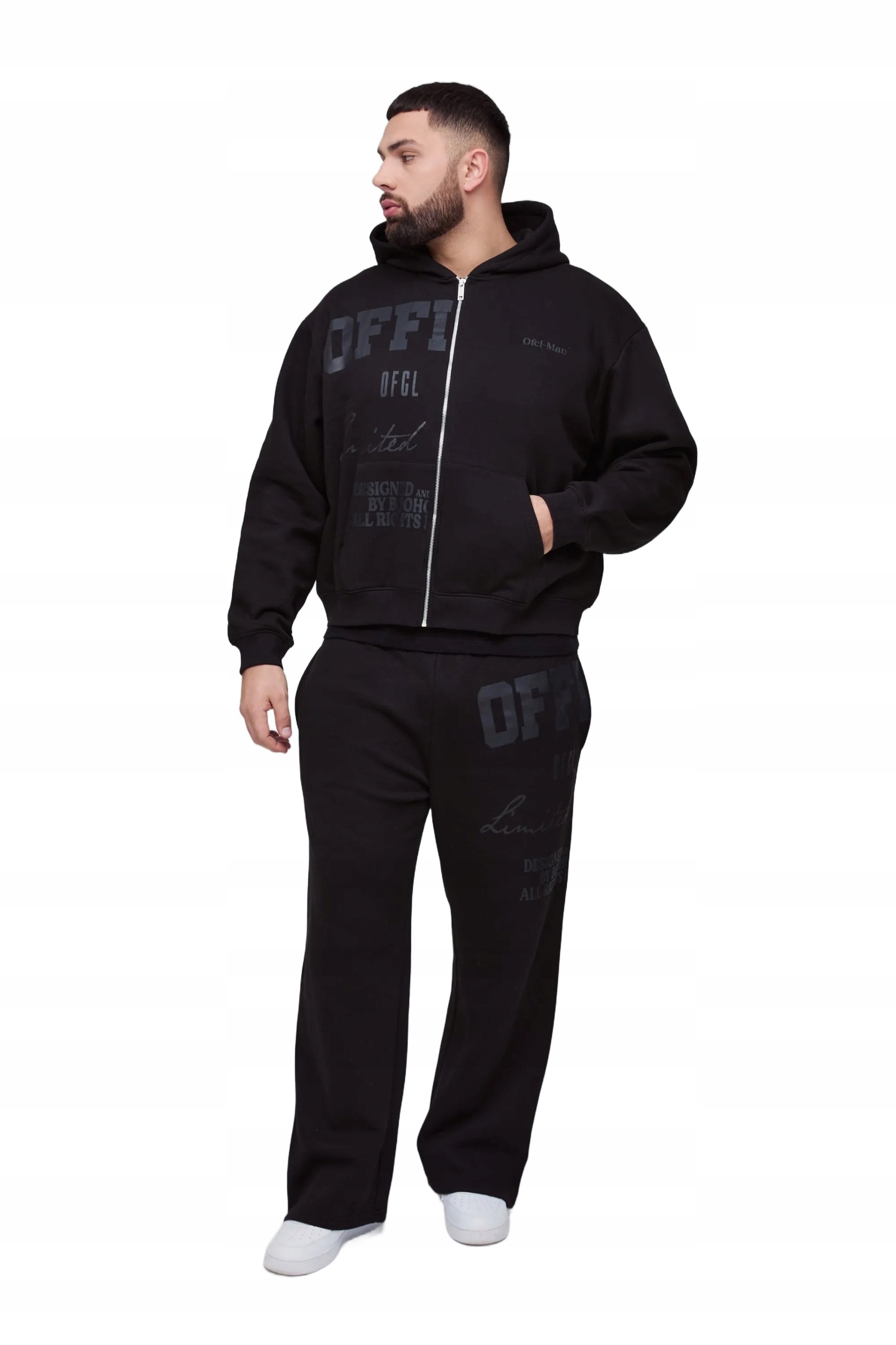 Boohooman Pánský Teplákovka Komplet S Kapucí Černý Potisk Plus Size 3XL Z3A