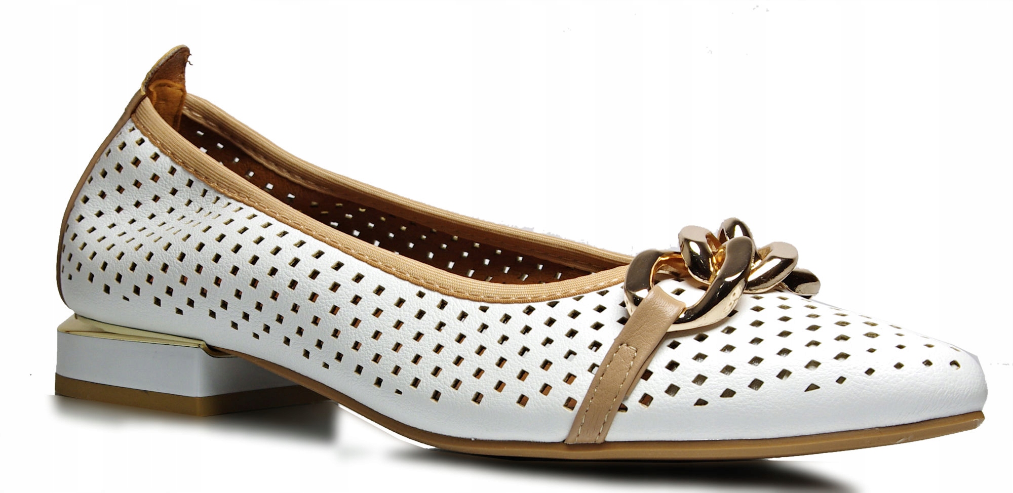 Białe ażurowe balerinki z łańcuszkiem Daszyński r36 Model SA201-6