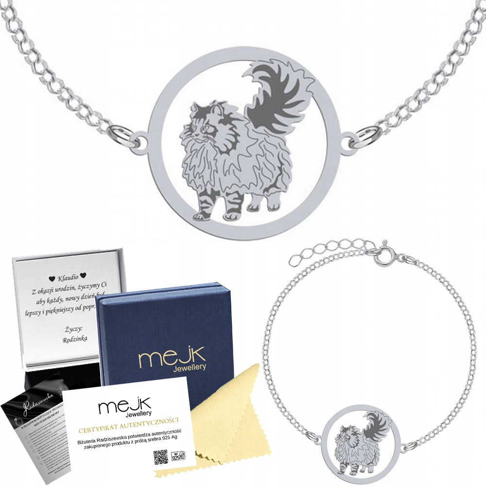 Stříbrný náramek s norskou lesní kočkou 925 Dárek Šperky Gravírování
