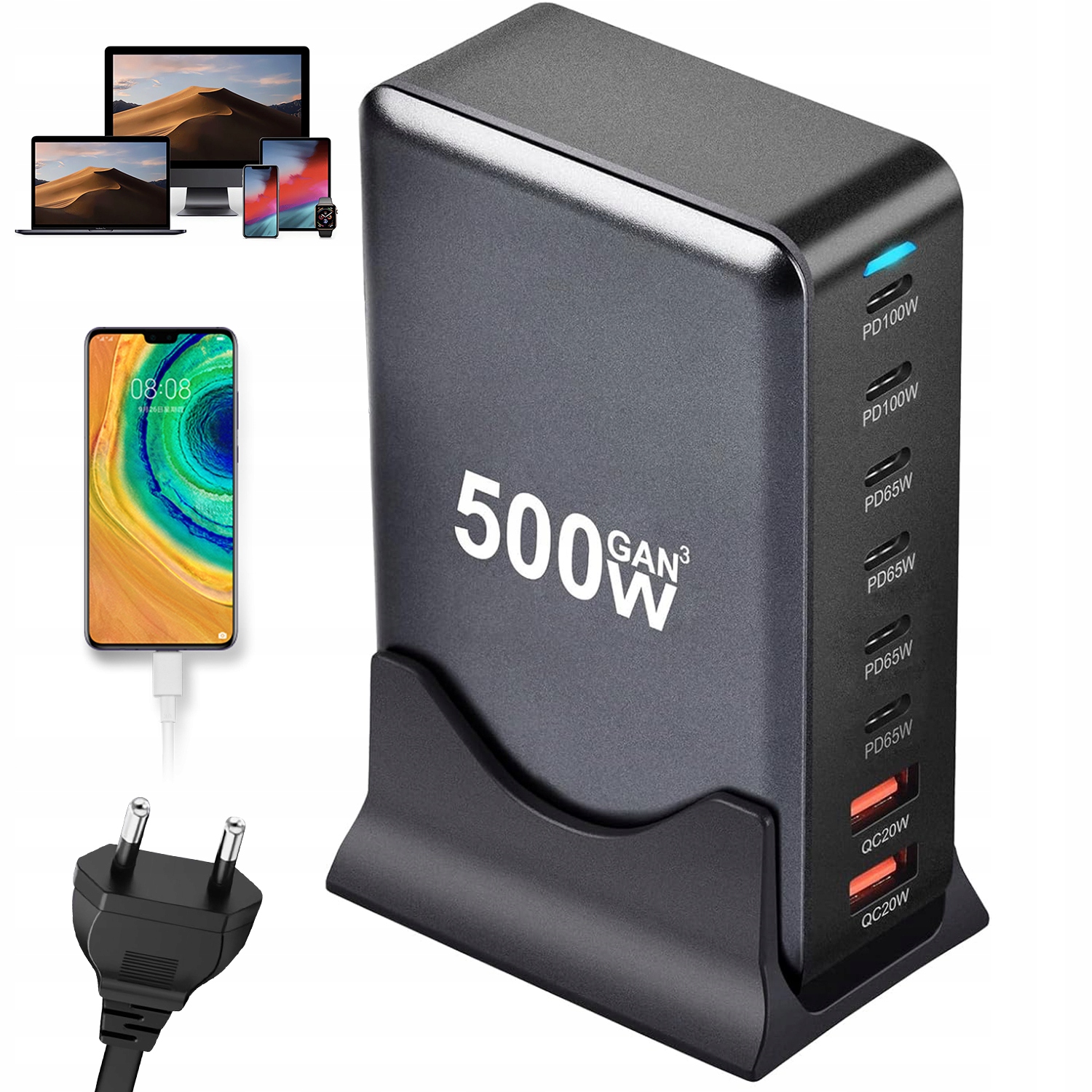 Ładowarka Sieciowa 500W 8 Portów Pd Gan Do Telefonu Laptop Tablet
