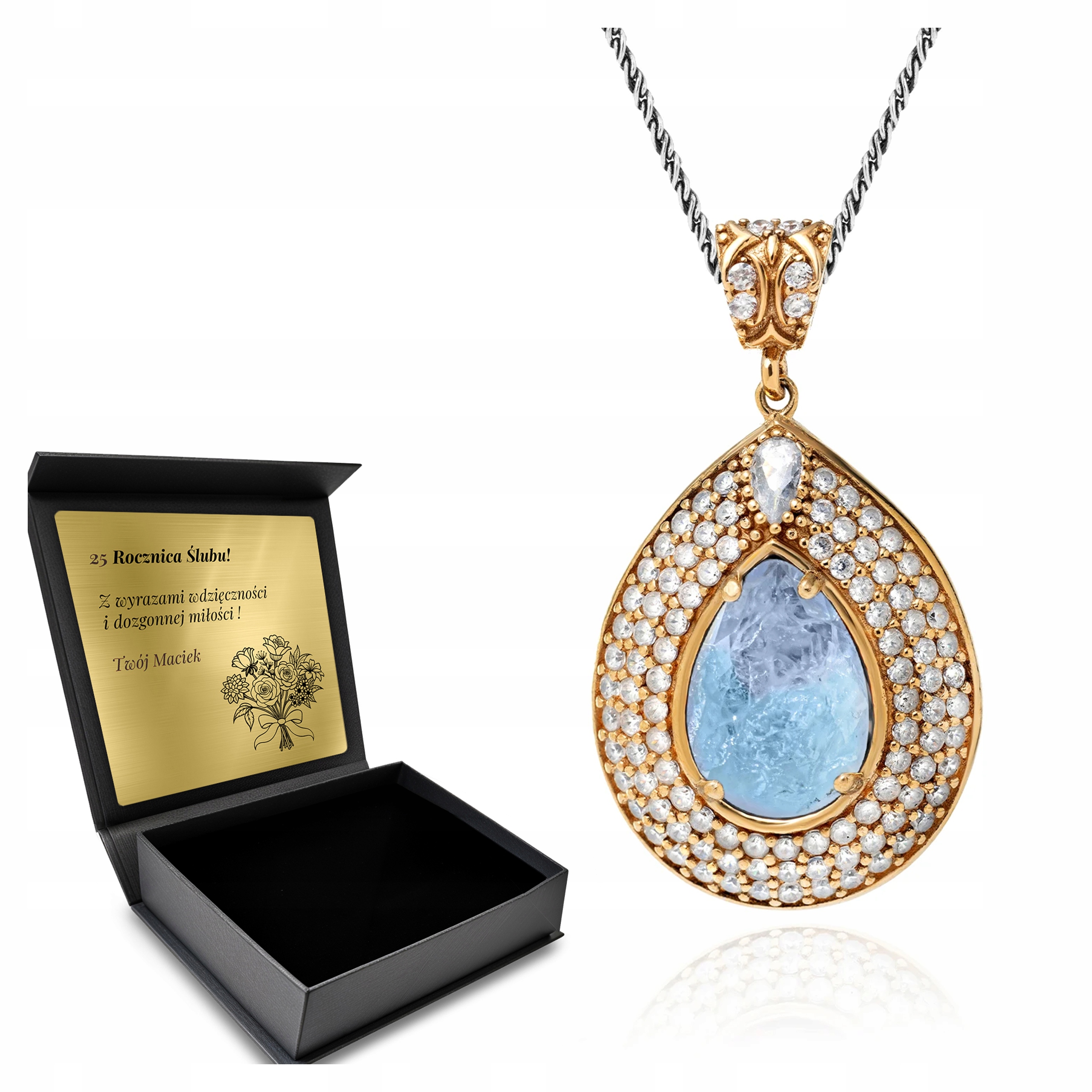 Řetízek náhrdelník s kubickým zirkonem a modrým turmalínem paraiba Gravírování