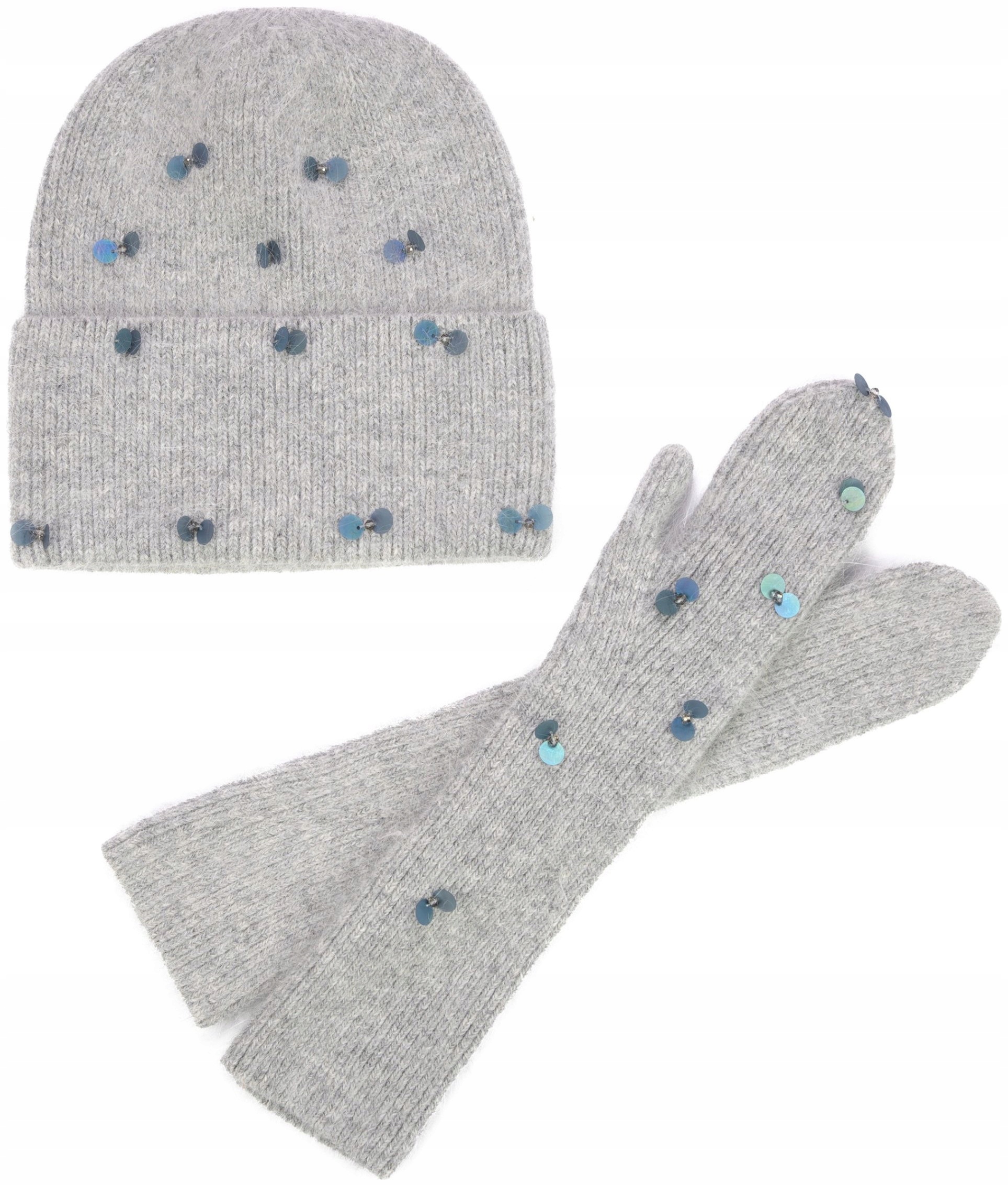 Dámský zimní komplet Gabby elegantní s angorou, flitry, světle šedá barva