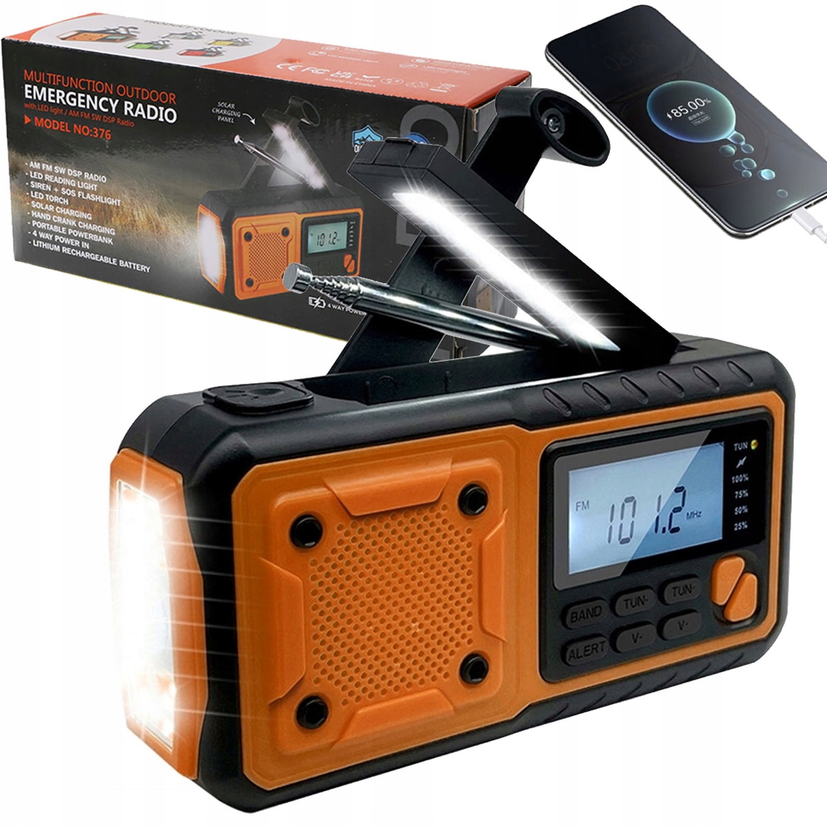 Przenośne Radio Solarne Korbka Sos Fm/am Dynamo Awaryjne Latarka Powerbank