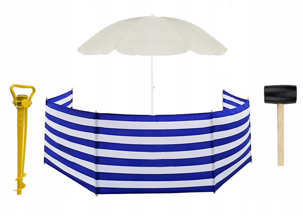 Plážový Slunečník světle béžový 140 CM Paraván 8M navy Kladívko Držák