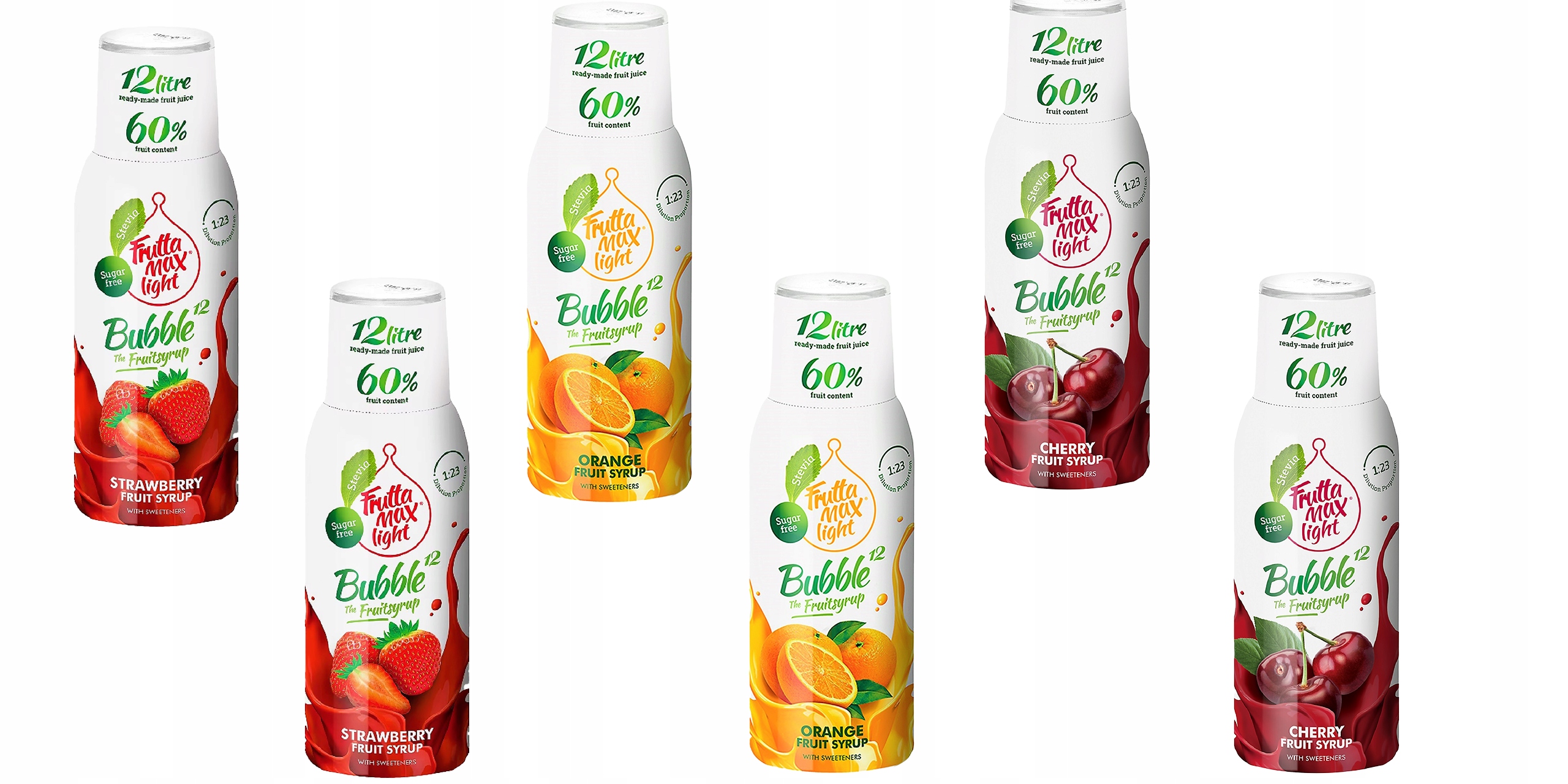Sada 6 sirupů do sodové fontány: 2x Jahoda 2x Pomeranč 2x Višeň