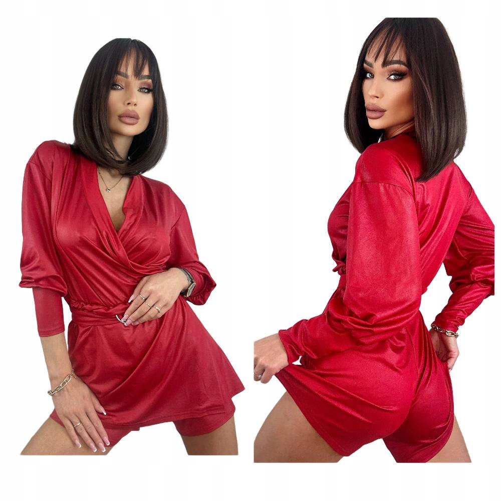 Červená šaty – kombinéza s koženým leskem S81 Xs/s