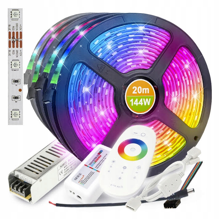 Led pásek 20 m Rgb Barevná Sada Dálkový Ovladač Napájecí zdroj Silný set do pokoje