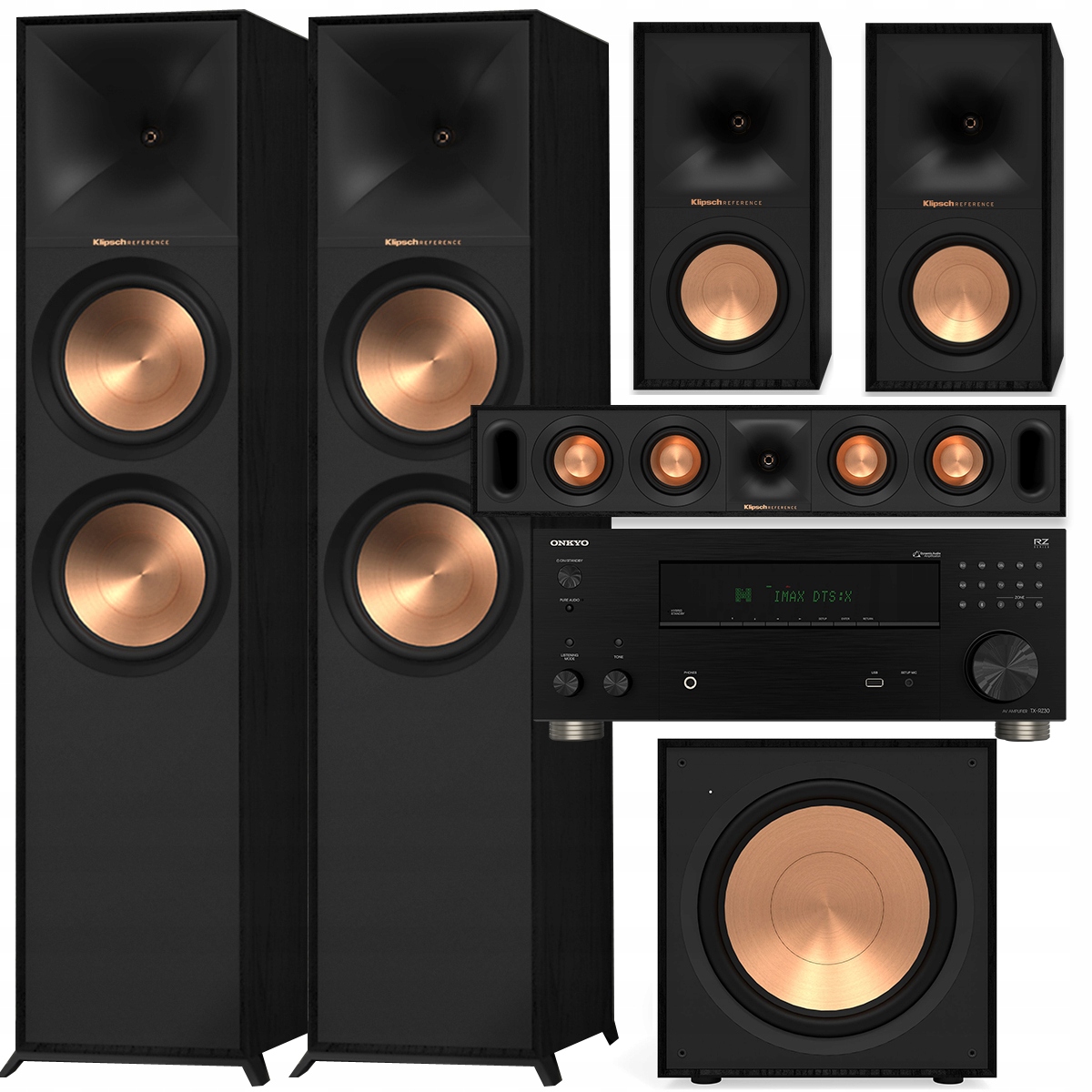 KLIPSCH R-800F + R-50M + R-30C + R-121SW ONKYO TX-RZ30 DTS:X Atmos IMAX 8K