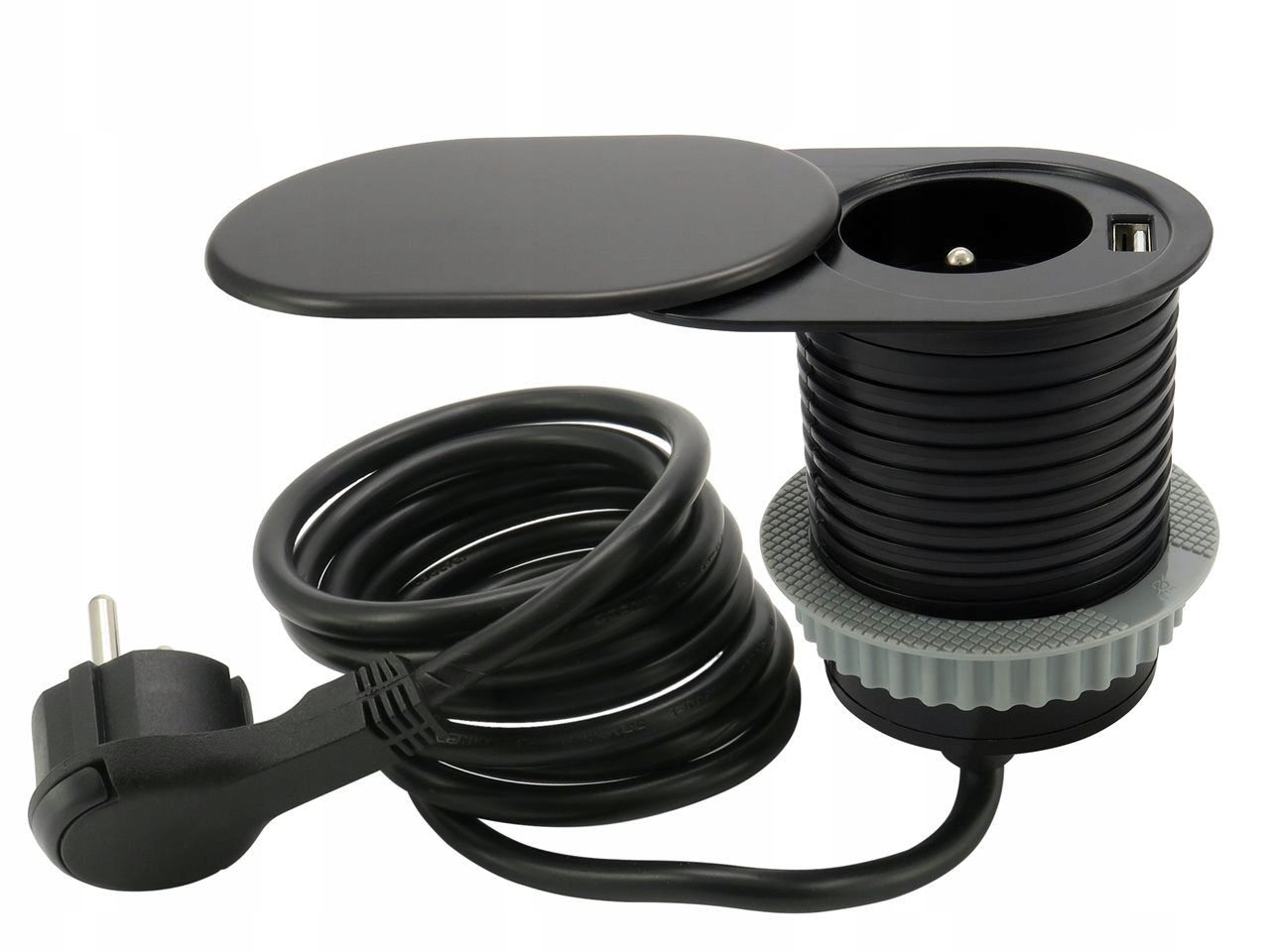 Mini Zásuvka Zapuštěná Do Černé Desky S Výsuvnou Klapkou Slide Box 240V Usb