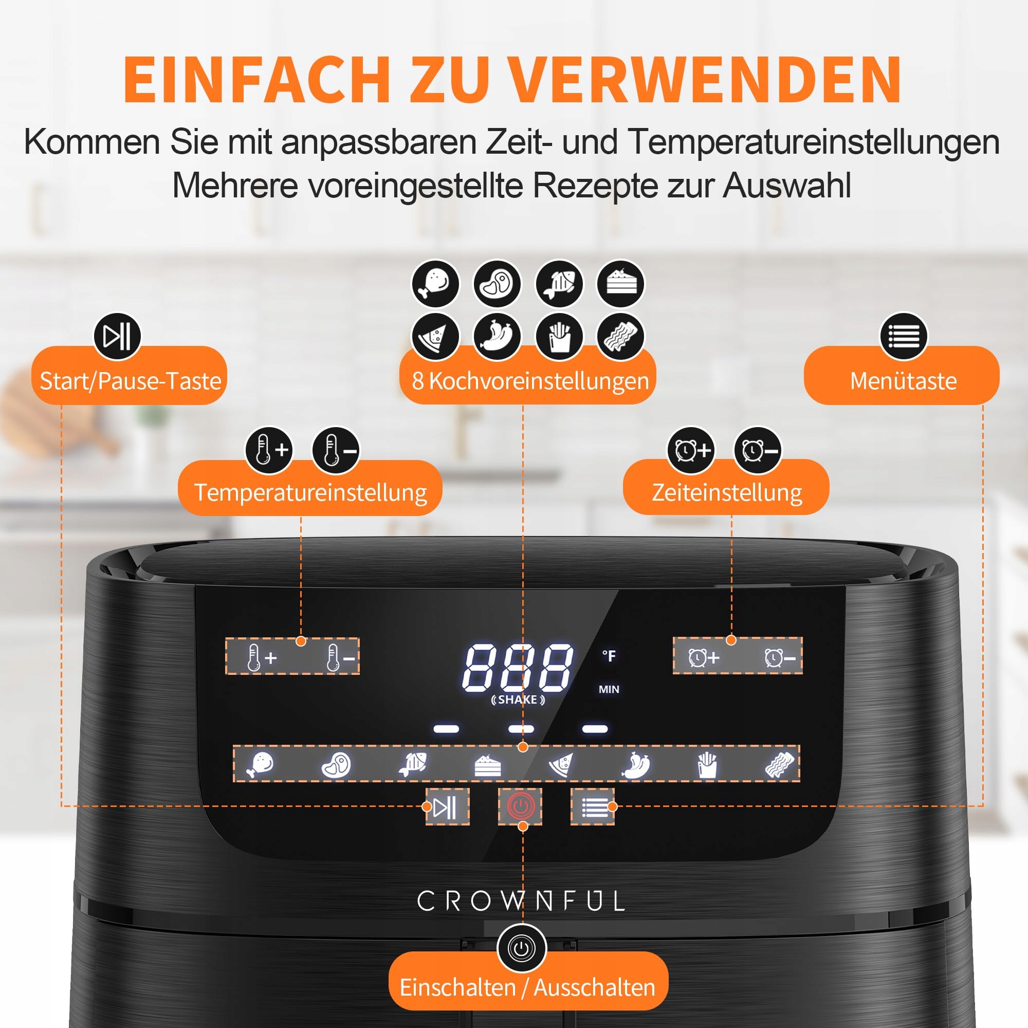CROWNFUL Frytkownica Beztłuszczowa 6,2L LCD 8 Programów — miniatura 3