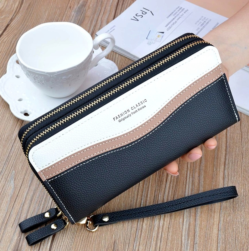 PORTFEL DWUKOMOROWY DAMSKI DUŻY PODWÓJNY SKÓRA PORTMONETKA Suwak Duży Model PORTFEL DAMSKI PORTMONETKA poręczna skóra