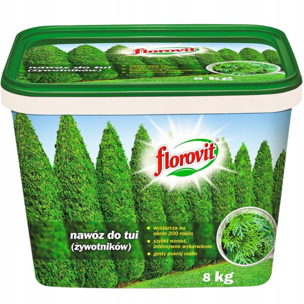 Nawóz do tui (żywotników) 8kg Florovit wiadro, granulat gęsty pokrój roślin