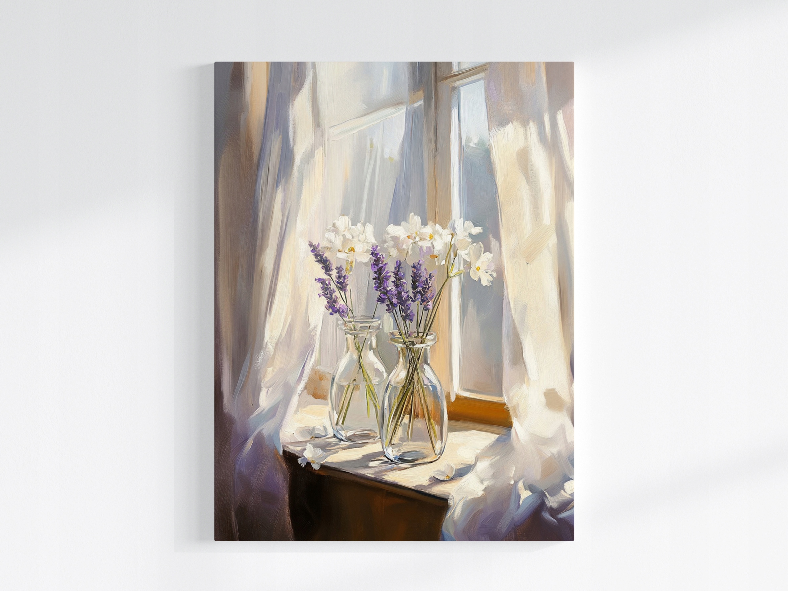 Obraz Na Plátně Canvas Dekorace Okno Záclony Váza Květiny Levandule 75x100