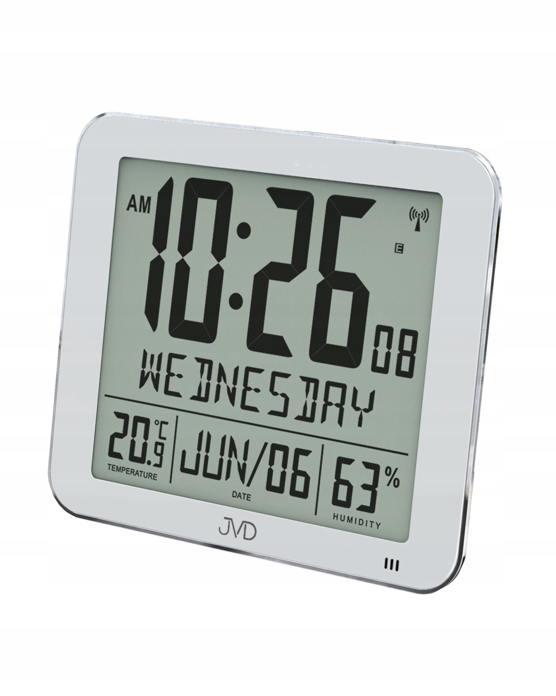 Rádiom riadené digitálne hodiny s budíkom Jvd strieborné DH9335.1, 25cm
