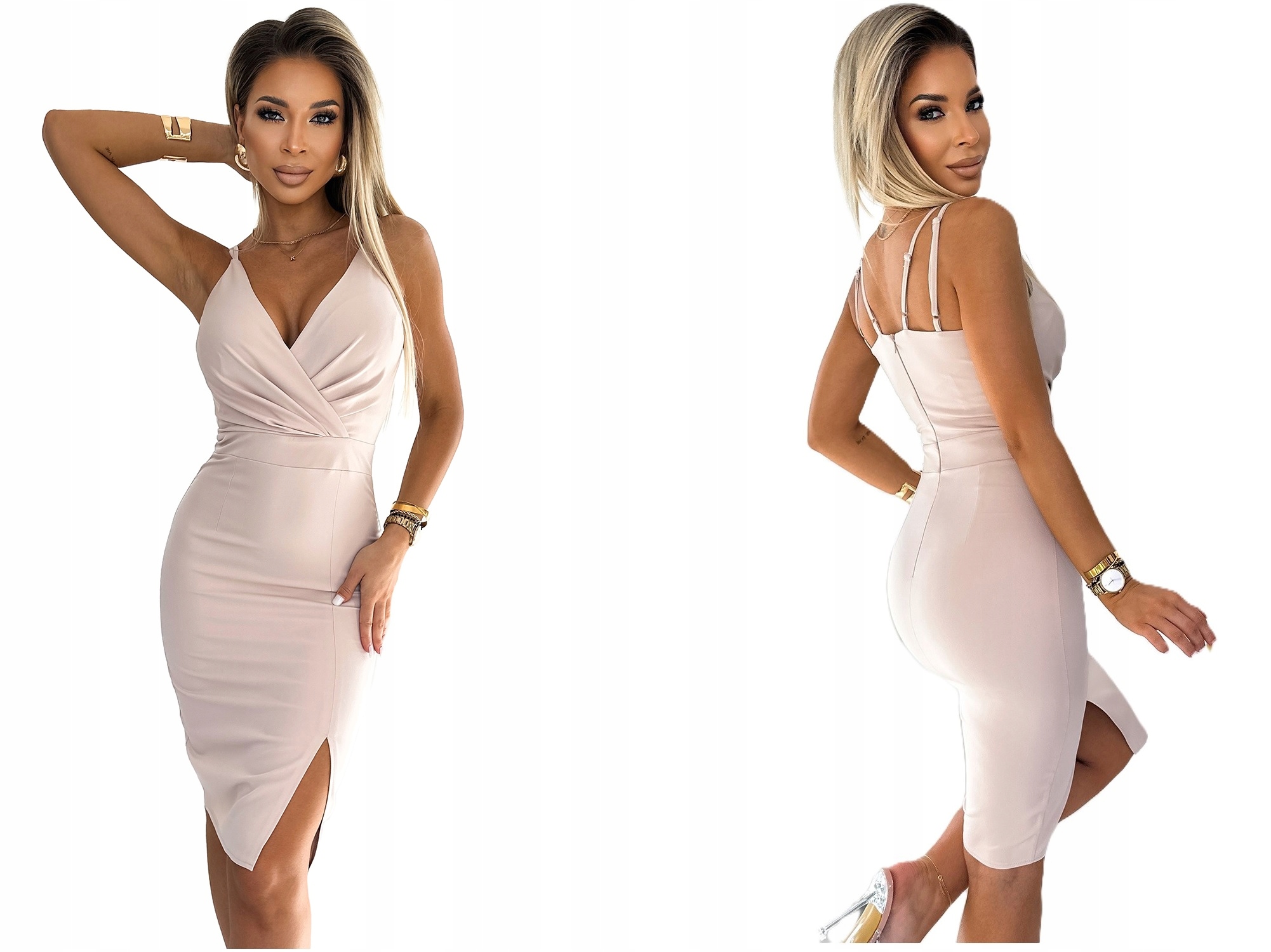 Velmi Přiléhavá Ženské Šaty Na Ramínka Zeštíhluje Rande Béžová L