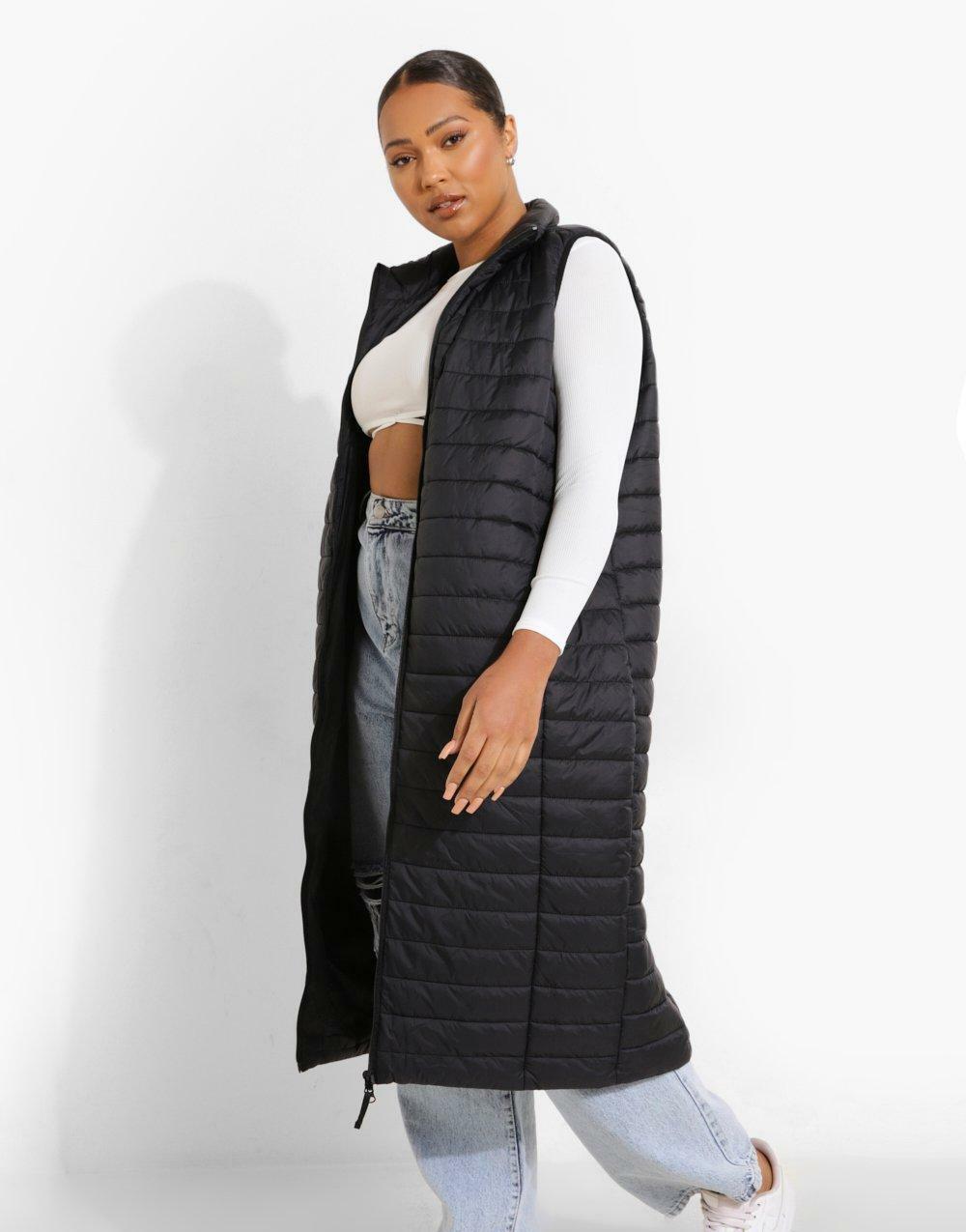 CZARNA DŁUGA KAMIZELKA BEZRĘKAWNIK PIKOWANY OCIEPLANY ZE STÓJKĄ BOOHOO 46
