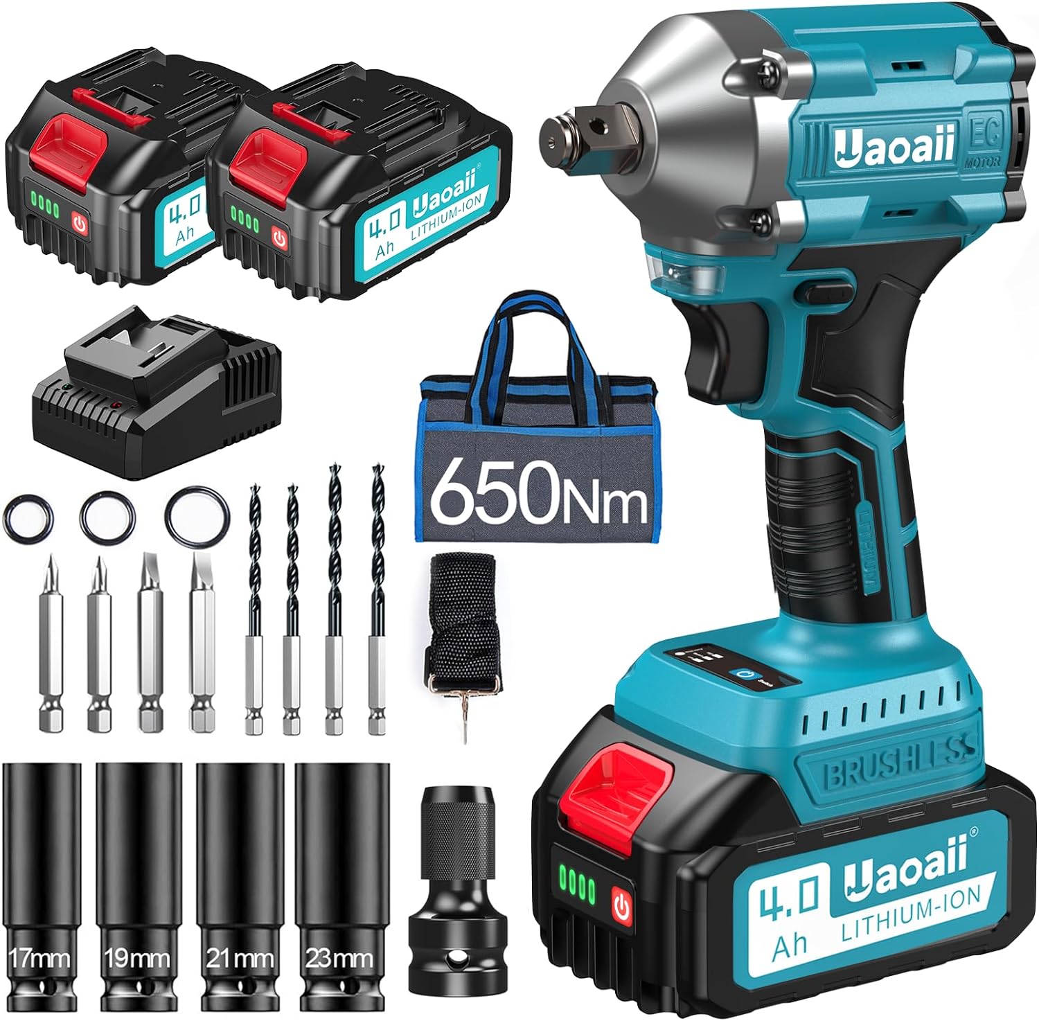 Uaoaii Akumulatorowa wkrętarka udarowa 650 N.m 2 sztuki 4000mAh +ładowarka