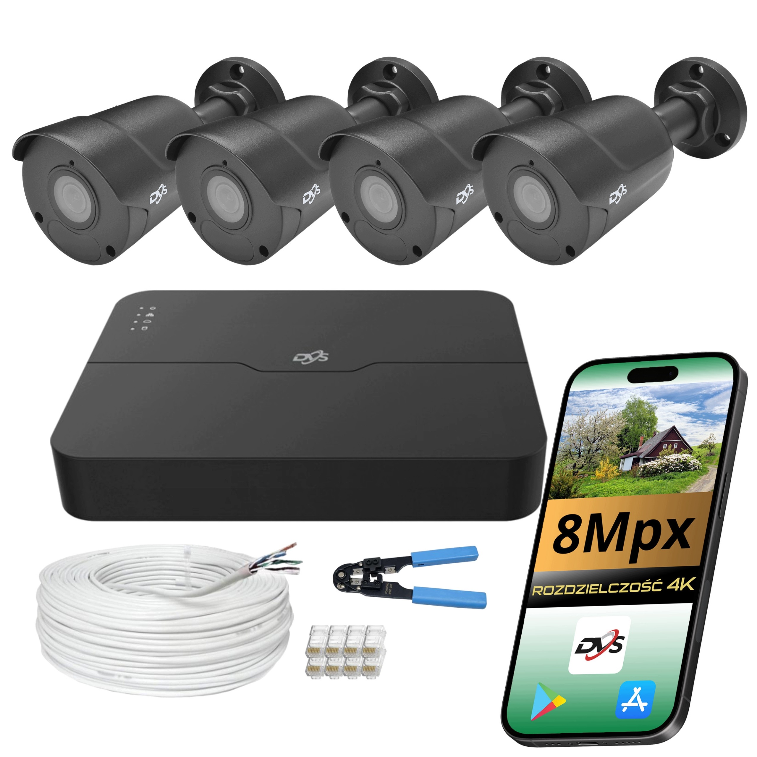 Sada Ip monitoringu PoE 4 čierne vonkajšie kamery 4K 8mpx Pro do domácnosti