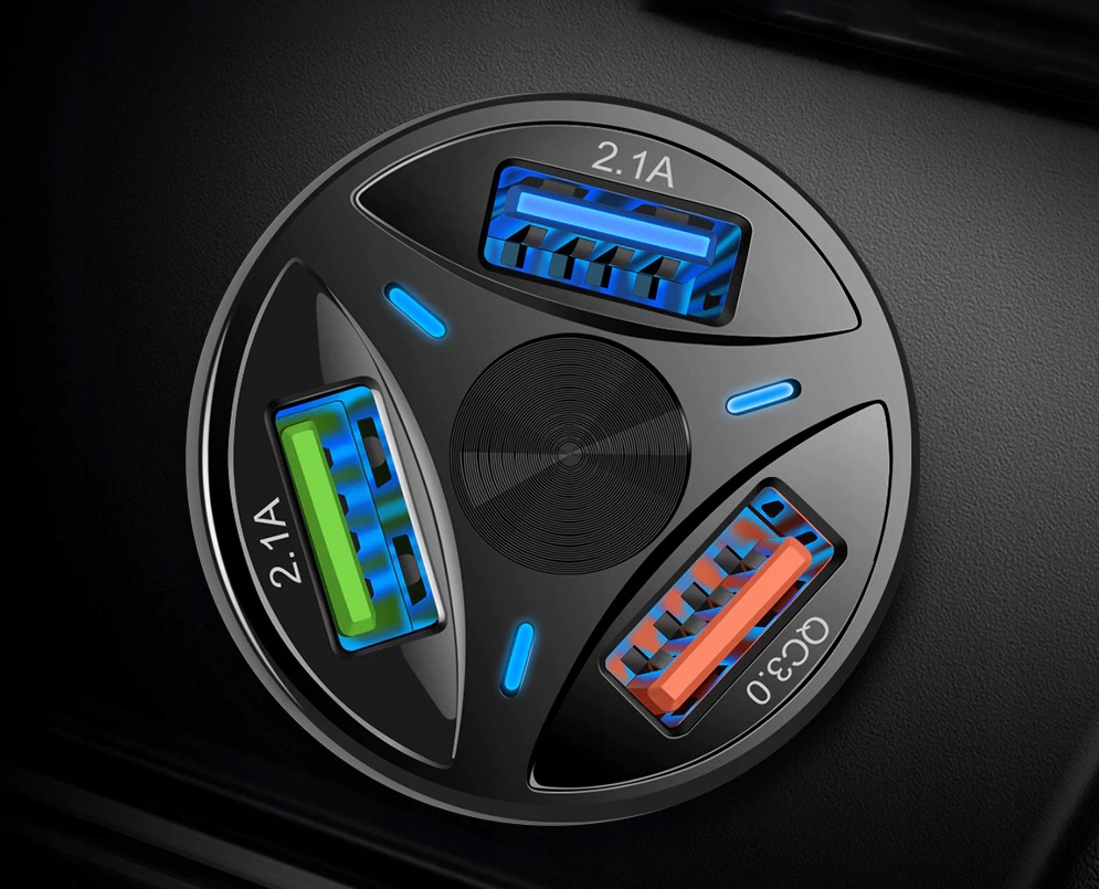 ŁADOWARKA SAMOCHODOWA 3x USB 3A QC3.0 QUICK CHARGE SZYBKIE ŁADOWANIE LED Złącza microUSB typ B USB typ C USB Apple Lightning