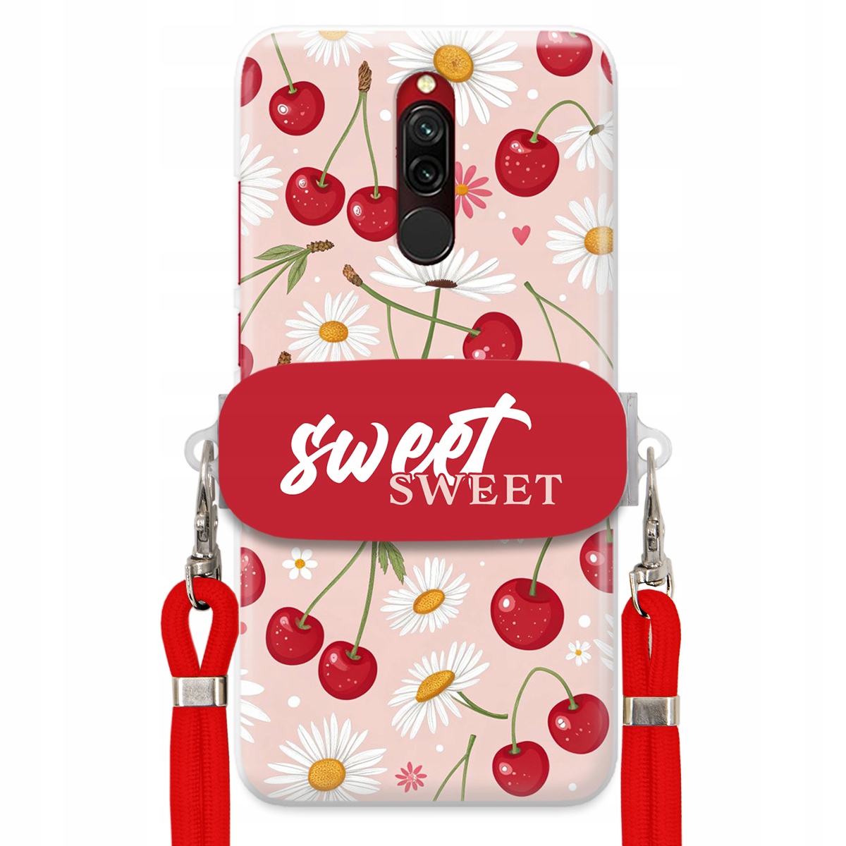 Pouzdro pro Xiaomi Redmi 8 Červené vodítko držák Crossbody Sweet Višňový Květ