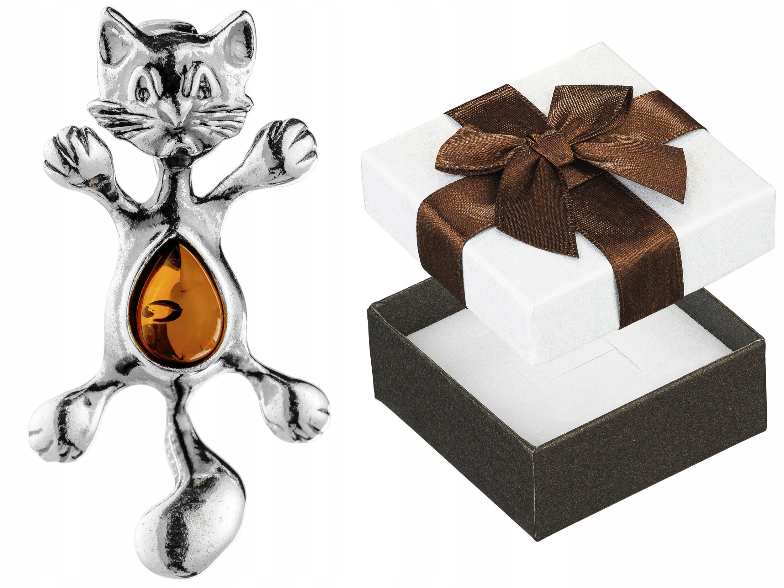 Stříbrný přívěsek Kočka s jantarem Oxidovaný Přívěsek Dámská kočička Stříbro