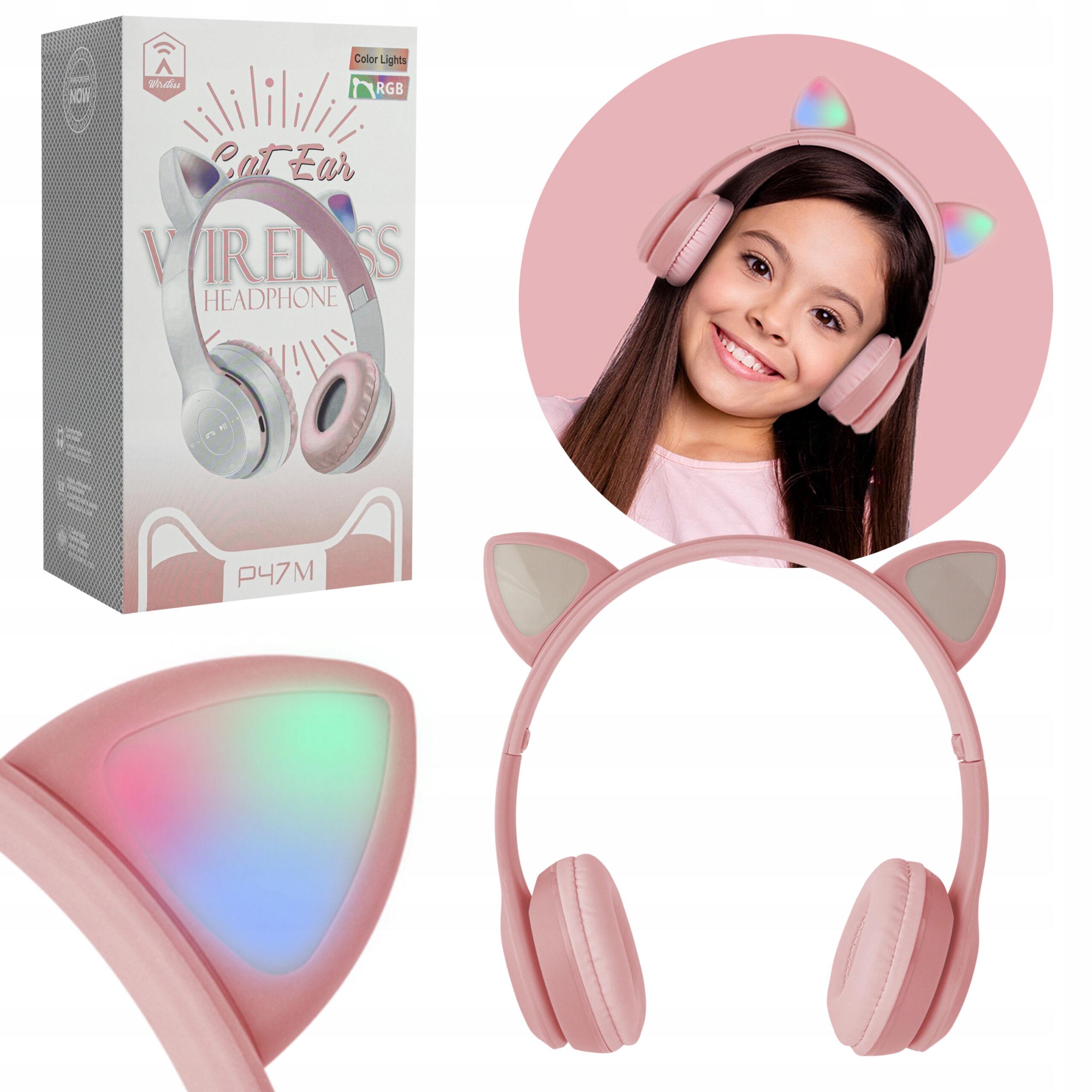 SŁUCHAWKI DLA DZIECKA KOCIE USZY BEZPRZEWODOWE RGB ŚWIECĄCE BLUETOOTH Waga produktu 150 g