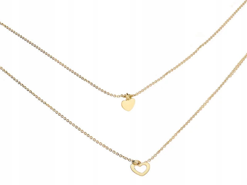 Zlatý náhrdelník 585 s dvojitým řetízek a dvěma lesklými srdíčky 45 cm