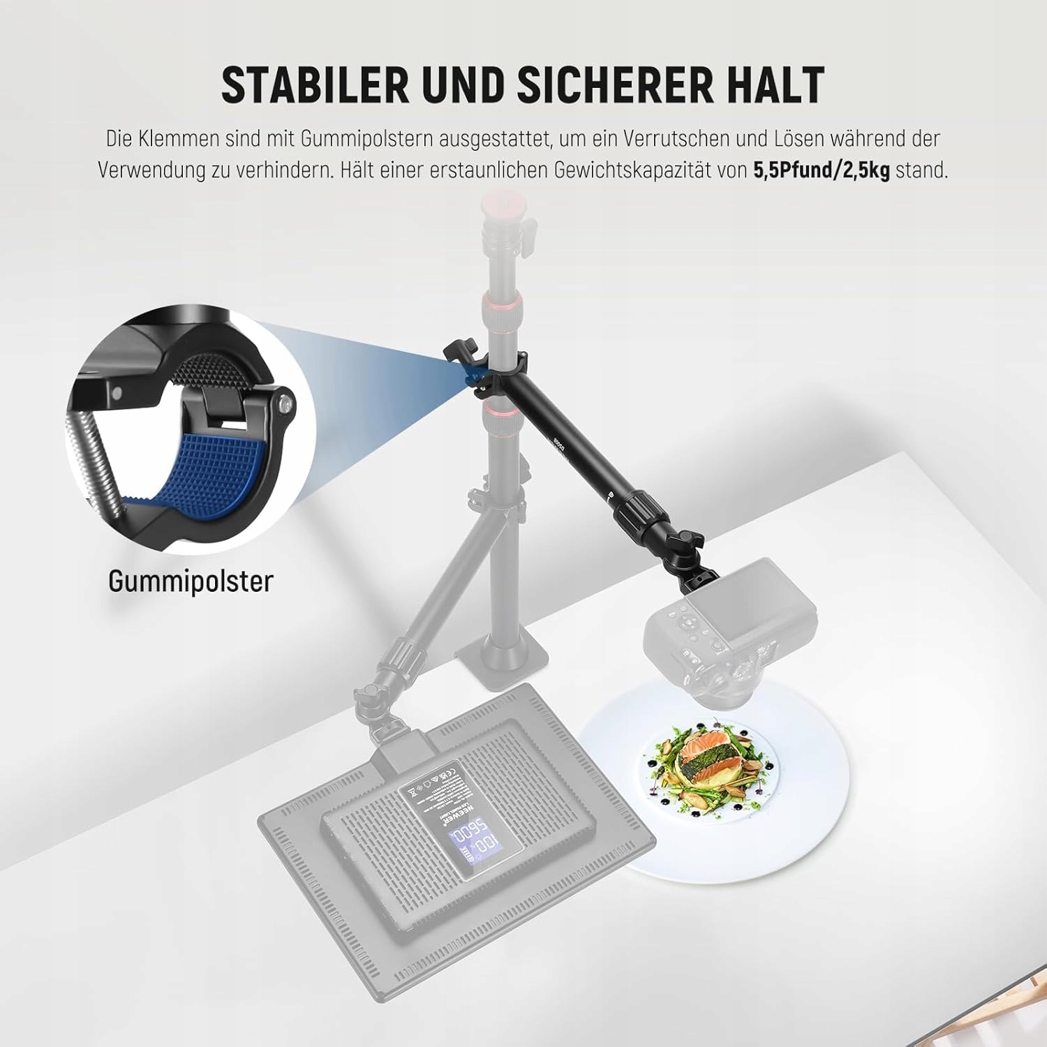 NEEWER Uchwyt Kamery Nad Glową Z Ramieniem Telefonu 56cm 180° 360° — miniatura 2