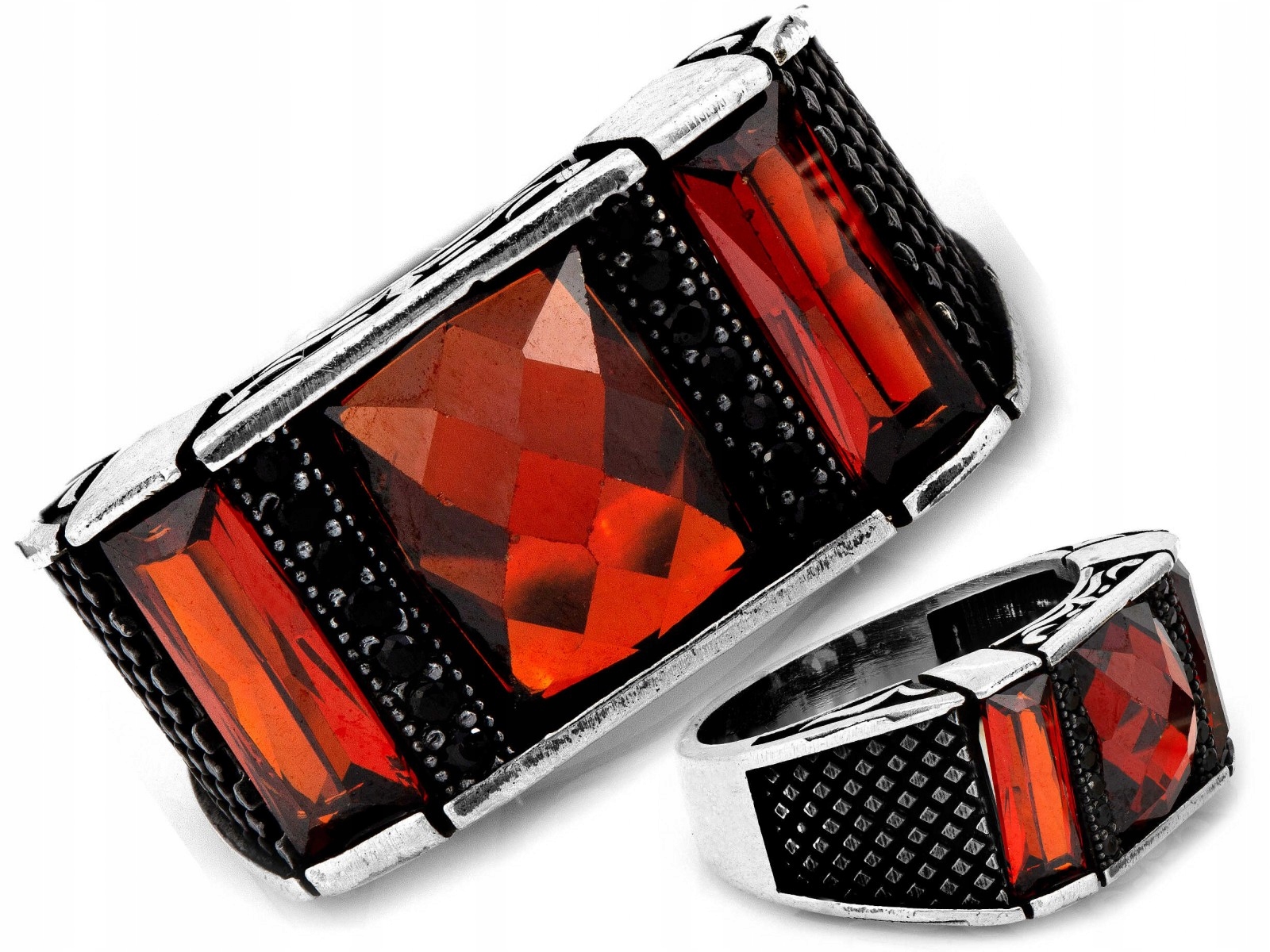 Velký stříbrný prsten 925, obdélníkový, červený, 9.93 g zirkony r22 dárek