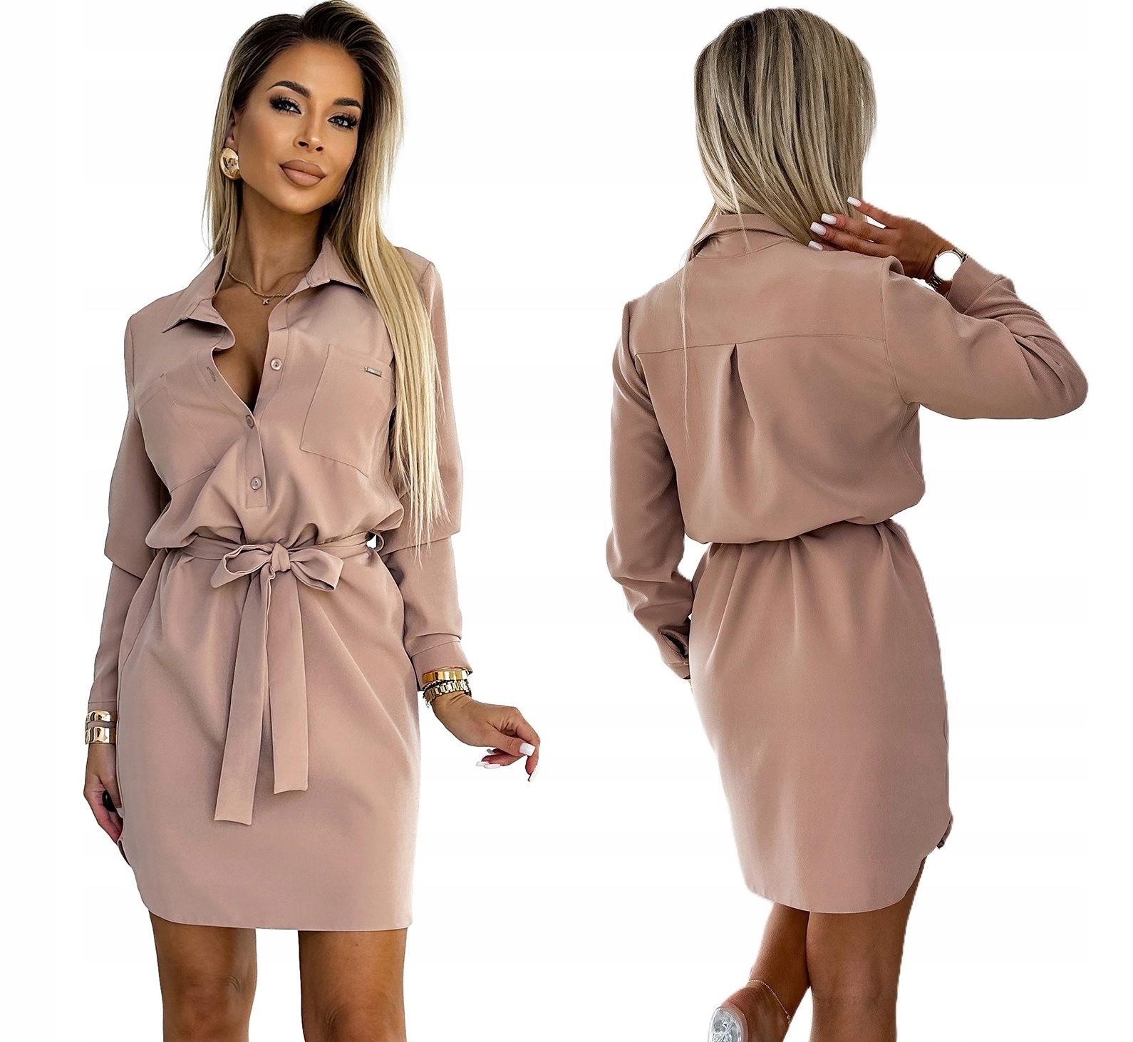 Skvělá Košilová Šaty S Kapsami Na Zavazování A Límcem, Béžová, Velikost XL