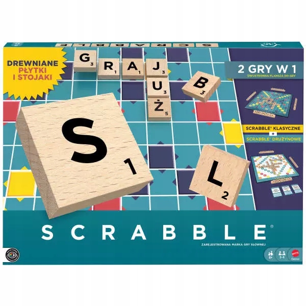 Mattel Gra Scrabble Klasyczne Drewniane 2w1 Gra Towarzyska Rodzinna JGR65