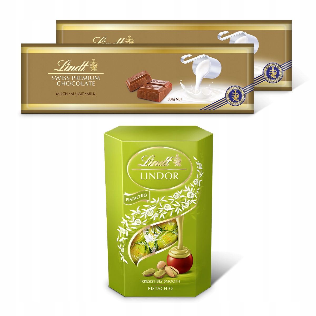 Lindt Swiss czekolada mleczna 2x300g Praliny Lindor pistacja 200g